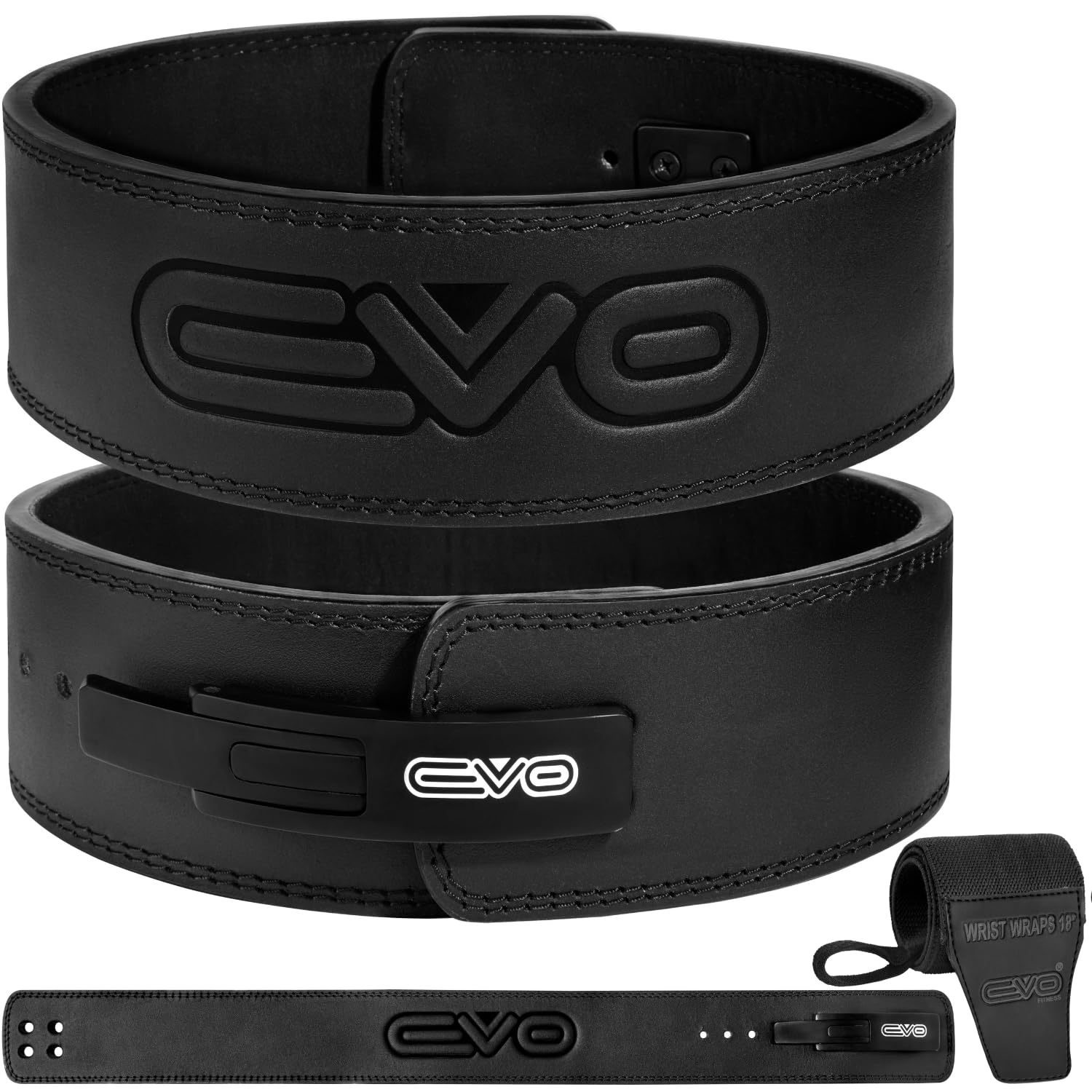 EVO Fitness Weight Lifting Belt with Lever Buckle 18" Wrist Straps Gym Leather Padded Lumbar Back Support Powerlifting Bodybuilding Deadlift Workout Training Dip Belts for Men Women