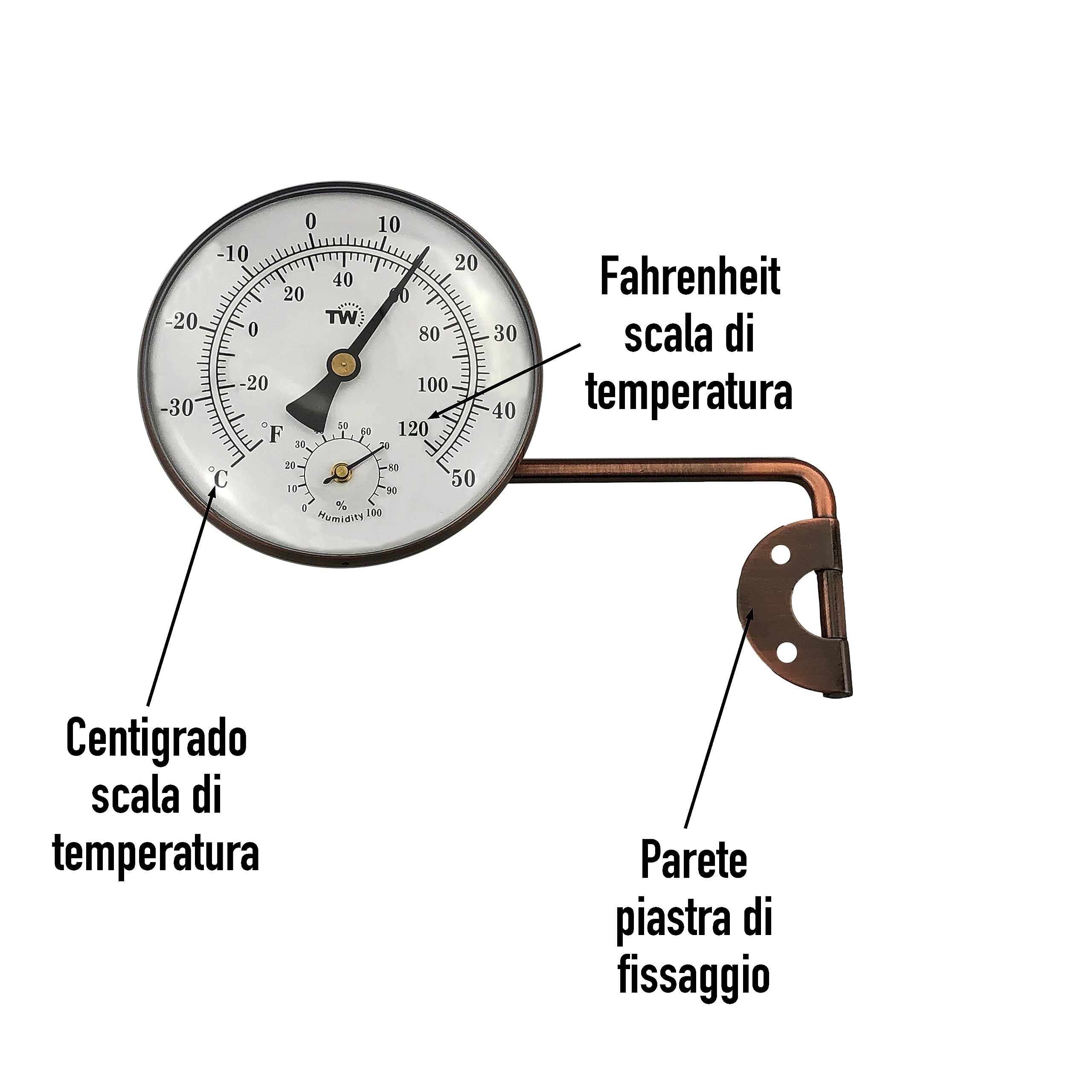 Termometro igrometro da esterno in ottone con elegante design del quadrante, termometro da giardino adatto per misurare temperatura esterna e umidità, per parete, serra, garage, braccio oscillante per