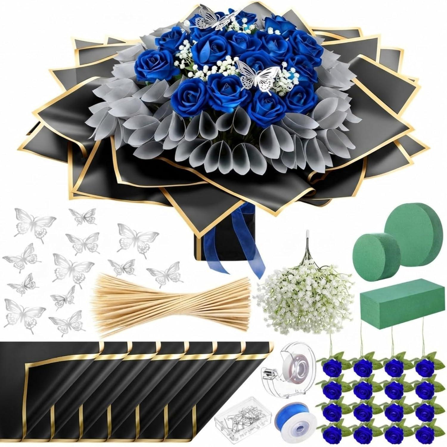Marspark Valentines Day Money Bouquet Flower Kit Gift Included 20 Sheet Flower Wrapping Paper 36 Fake Flowers 100 Bamboo Skewer Floral Foam Block for Anniversary Birthday Wedding(Blue,Classic)