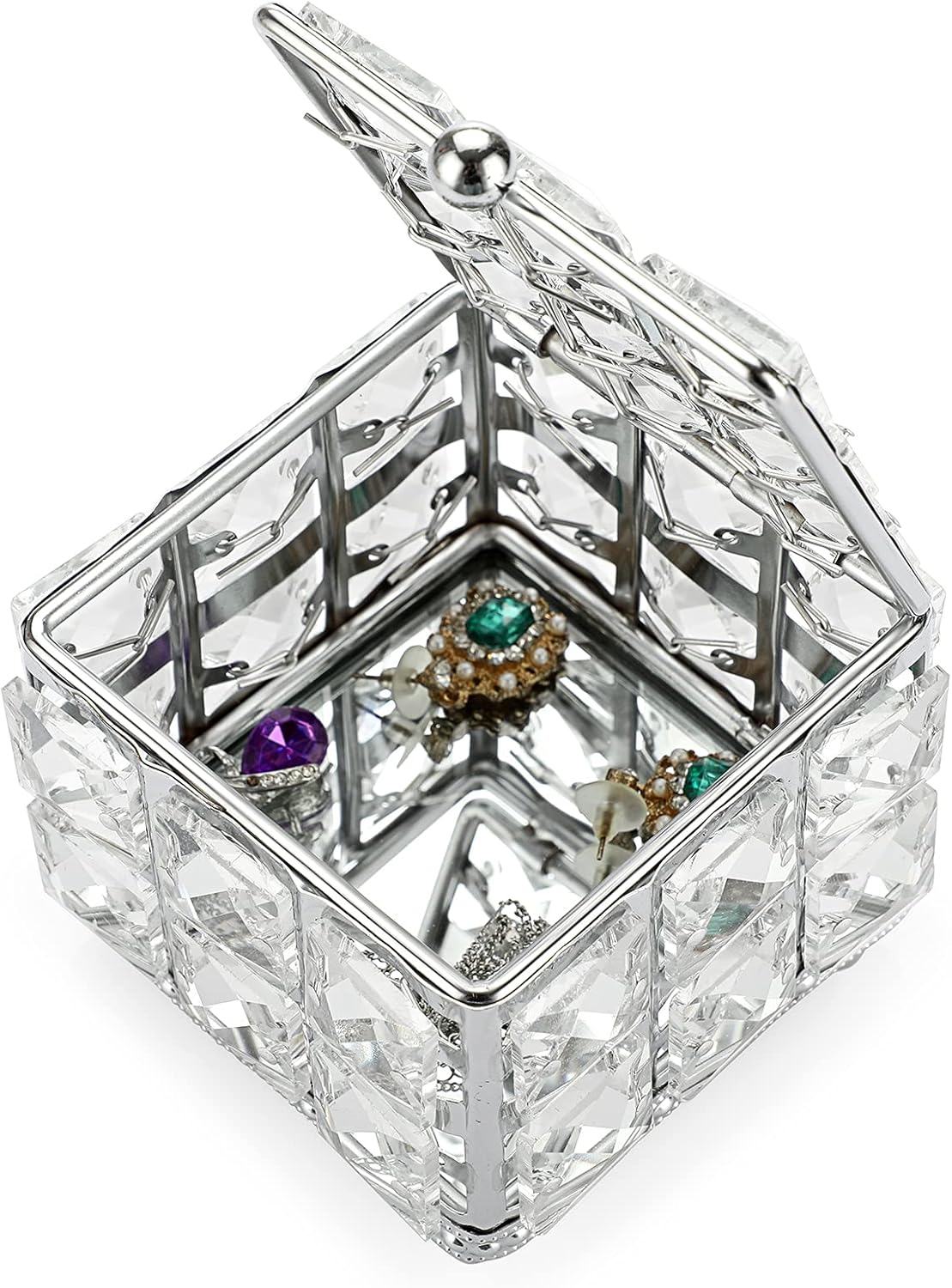 ELLDOO Crystal Jewelry Box Square Trinket Organizer with Lid Earrings Rings Vintage Treasure Keepsake Box for Valentine Wedding Dresser Bedroom Decoration, Silver - Image 7