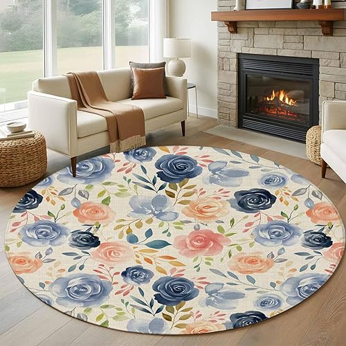 Miniatura 1 de Round Rugs 8ft, Colorful Flowers Non-Slip Area Rugs for Living Room Bedroom Entryway, Watercolor Retro Blue Pink Floral Washable Carpet Runner Rug