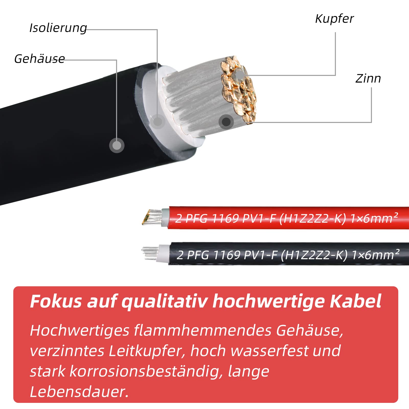 Cable de conexión profesional por ambos lados, Cable Solar con Enchufe Solar, 6 mm², incluye conector solar montado (4 mm²10 m)