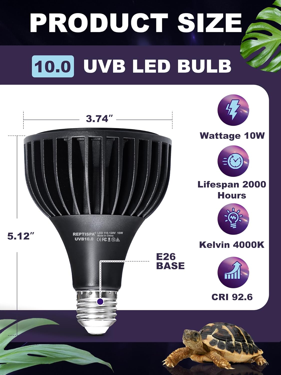 LED UVB Light for Reptiles, 10W 10.0 LED UVB Lamp, Reptile UVB Bulb for Bearded Dragon Lizard Gecko Snake Turtle, Provide Sufficient UVB Exposure Tropical & Desert Reptiles