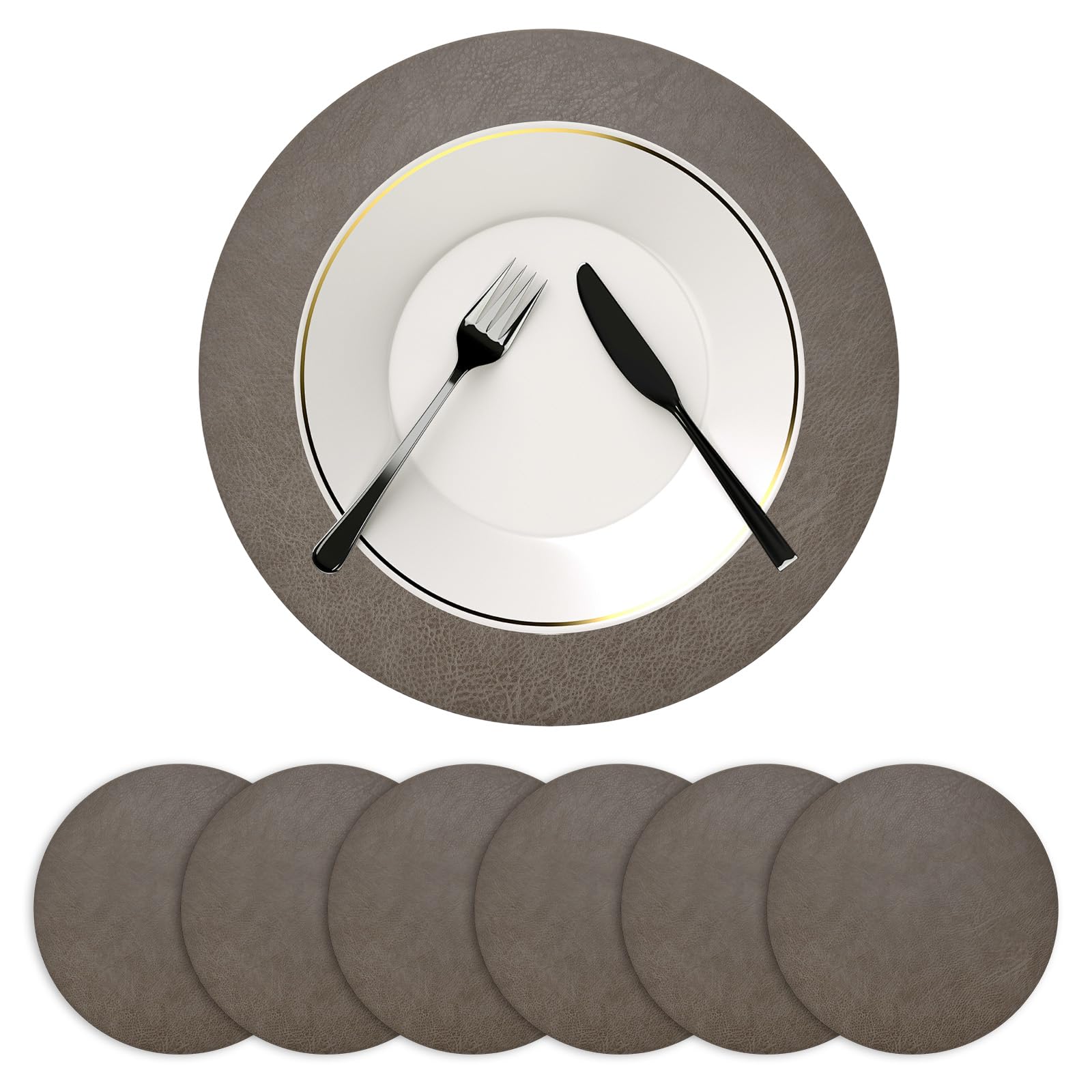 M METERXITY Round Placemats Set of 6, 13 Inch PVC Leather Place Mats Washable Heat Resistant Non-Slip for Dining Table/Kitchen/Party Decoration, Reversible Table Mats[Mud Gray & Earthy Yellow]