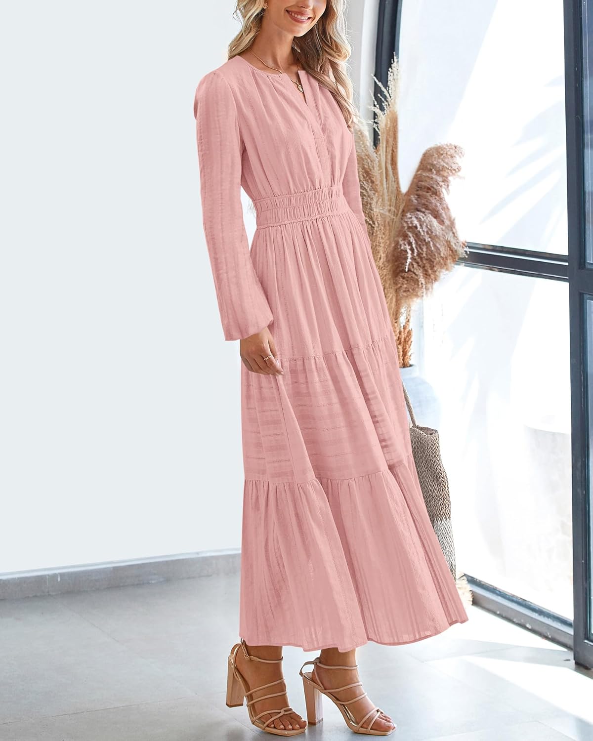 BTFBM Spring Dresses for Women 2026 Casual Long Sleeve V Neck Elastic Waist Lightweight Maxi Wedding Guest Dress Pockets - Image 7