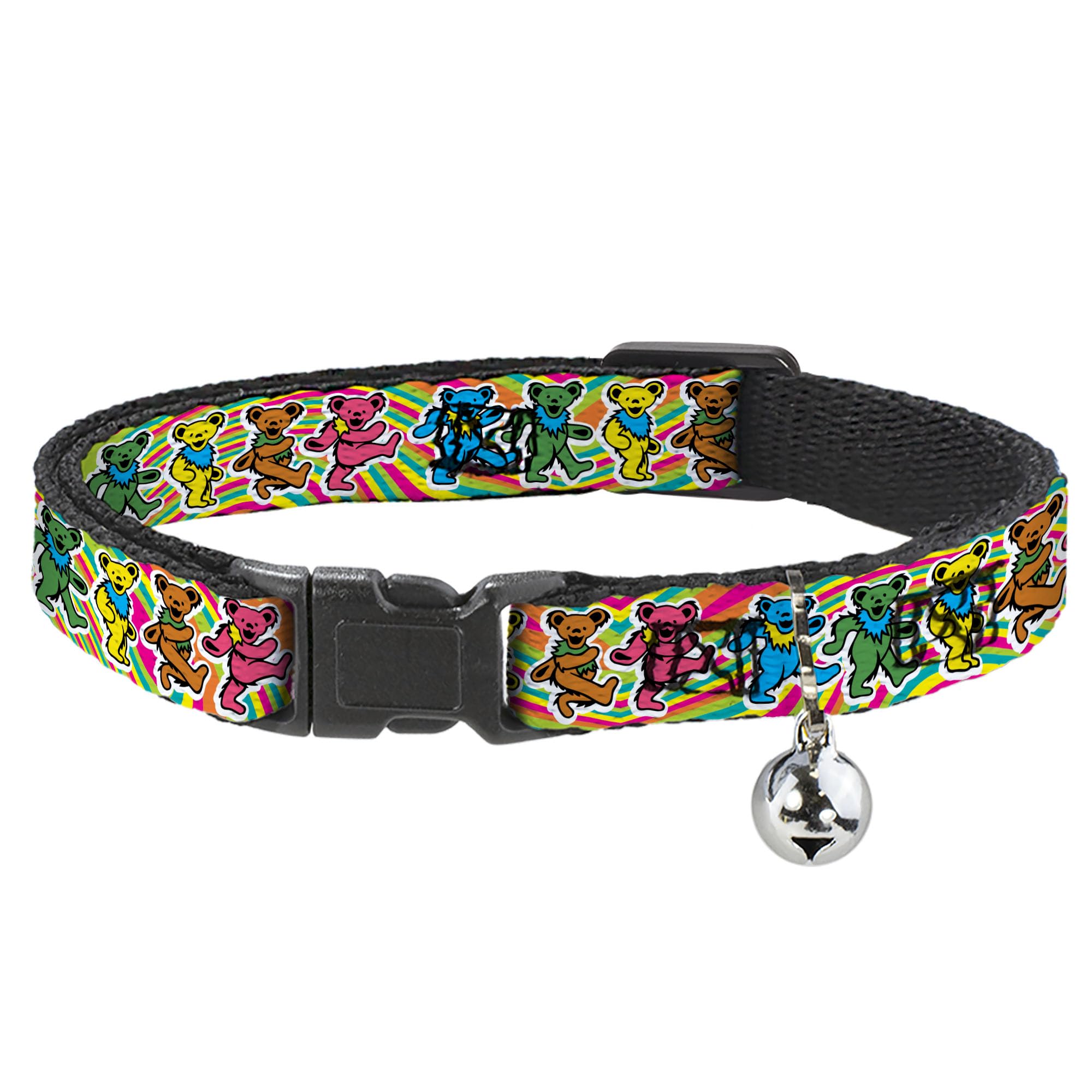 Grateful Dead Breakaway Cat Collar with Bell, Plastic Clip, Easy Adjustable, Grateful Dead Dancing Bears Swirl Multi Color, 8.5 to 12 Inches 0.5 Inch
