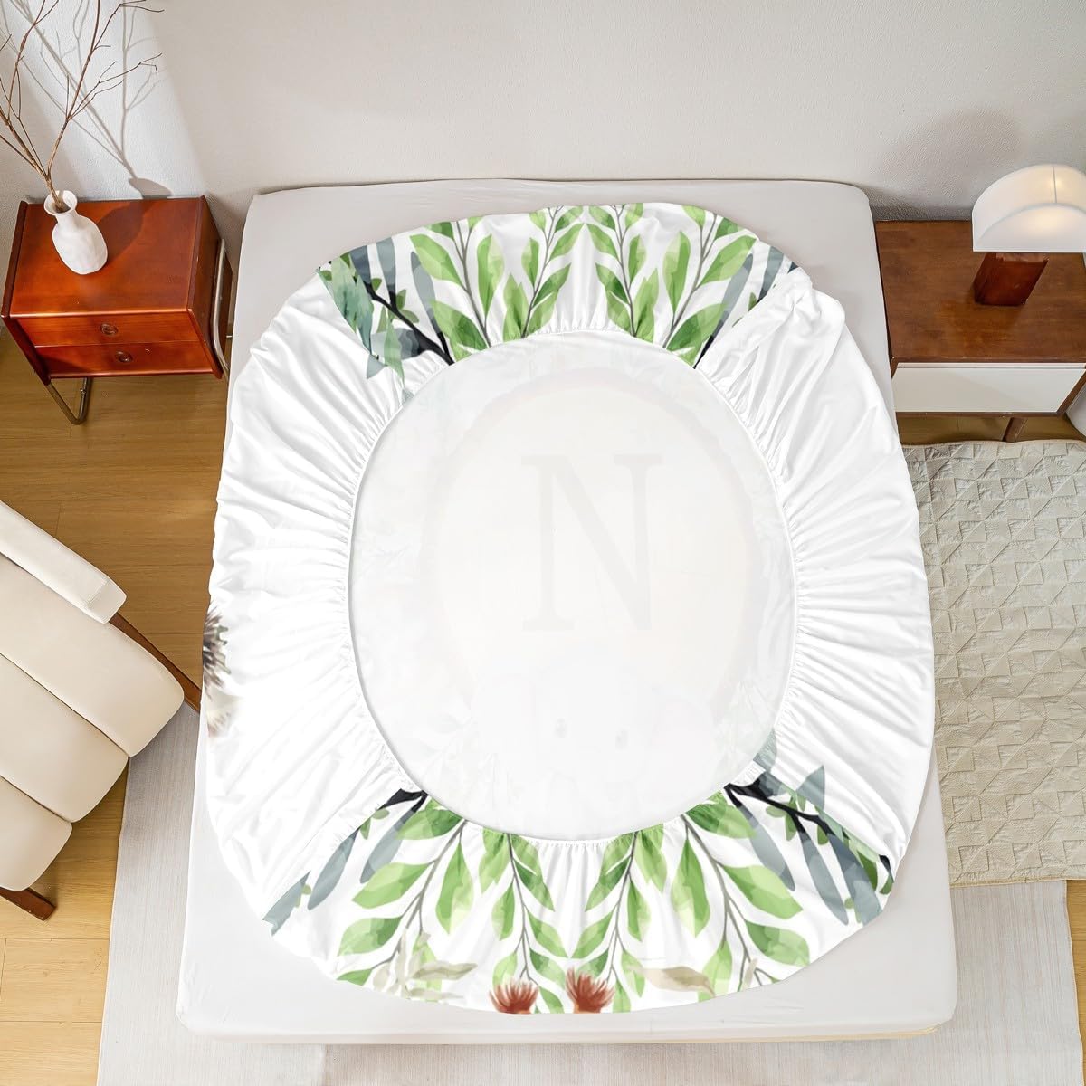 Feelyou Safari Animal Fitted Sheet Full Size Woodland Jungle Animals Bed Sheets Set 16" Deep Pocket Soft Tigers Deer Elephants Foxes Print Bedding with 2 Pillowcases Personalized Initial N Room Decor