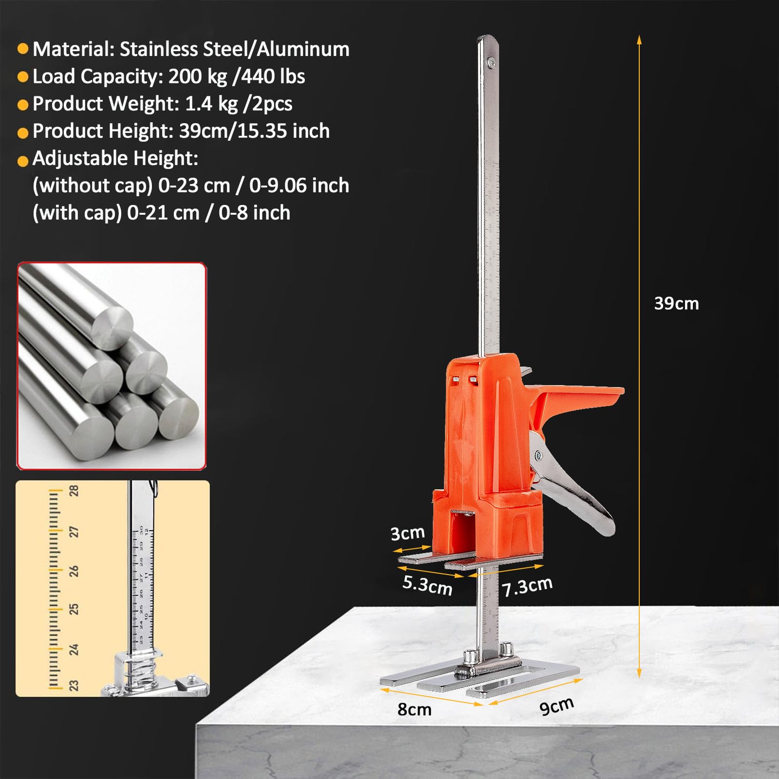 2 pezzi Sollevatore per Pannelli di Livellamento a Risparmio di Lavoro,400kg/880lbs,per Pavimenti, Porte, Installazione di Armadi, Sollevatori per Cartongesso, con Scala (39cm)