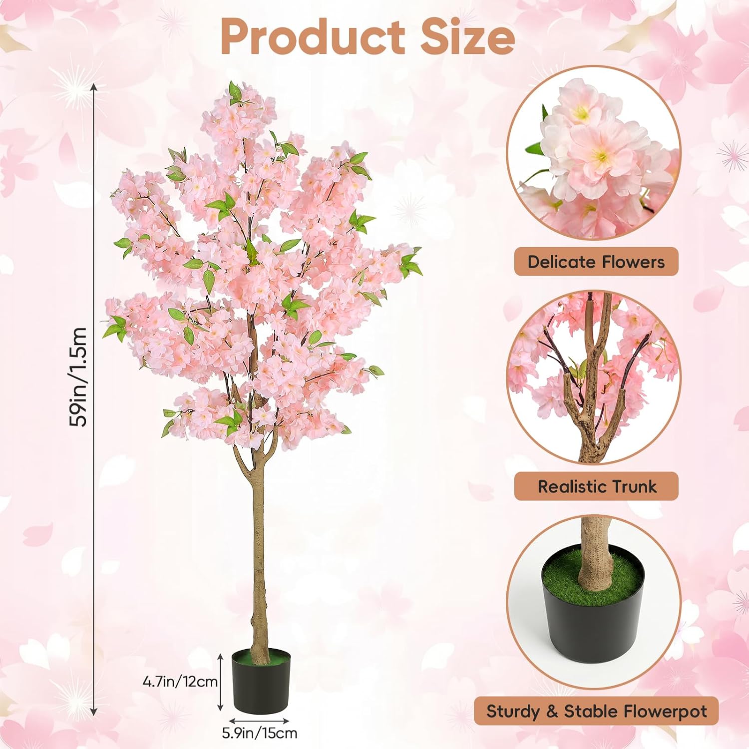 Set of 2 Pink Artificial Cherry Blossom Trees, Realistic Potted Faux Cherry Tree, Silk Flower Fake Tree, Artificial Plants for Home Office Wedding Party Indoor Outdoor Front Door Decoration (5FT)