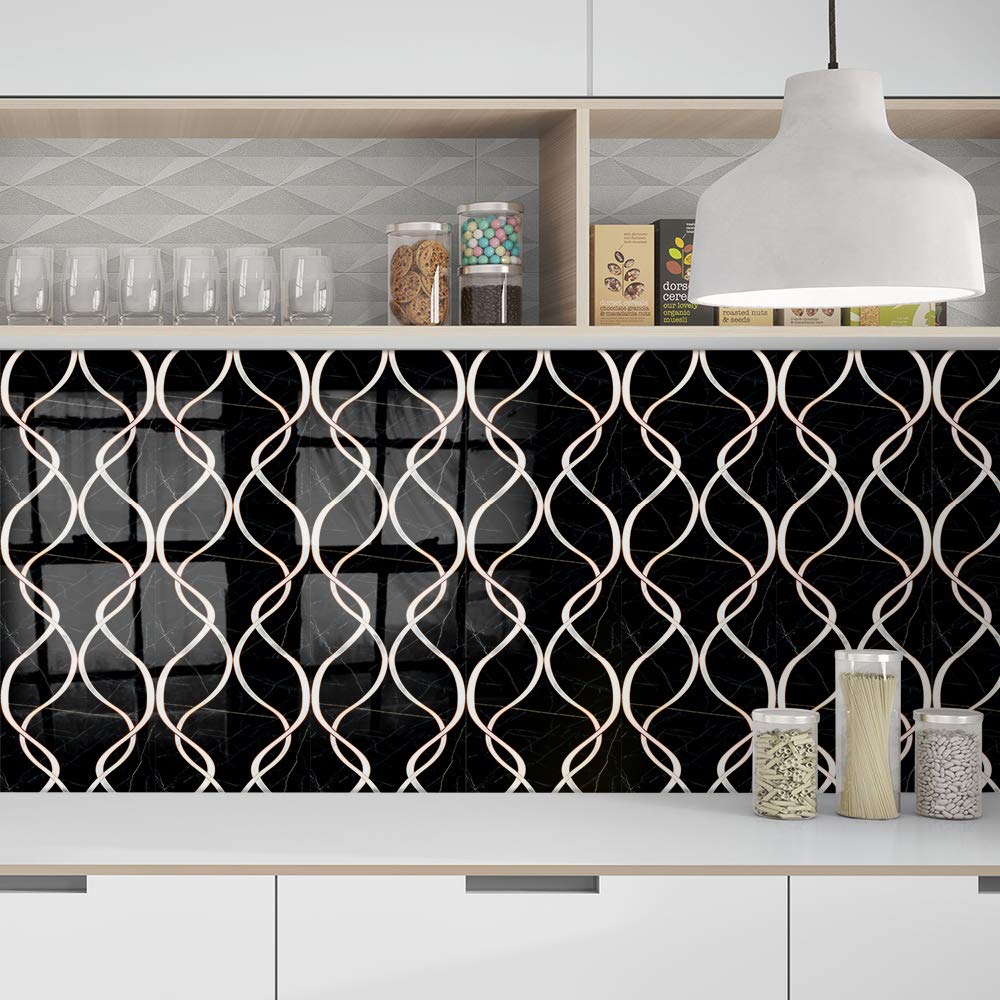 LMYSXAOZ Tile Stickers Black Curve Stick On Tiles,Self Adhesive Wall Tiles for Kitchen Bathroom,Vinyl Peel and Tiles,Stick Waterproof Oilproof 10 PC(10x10cm)