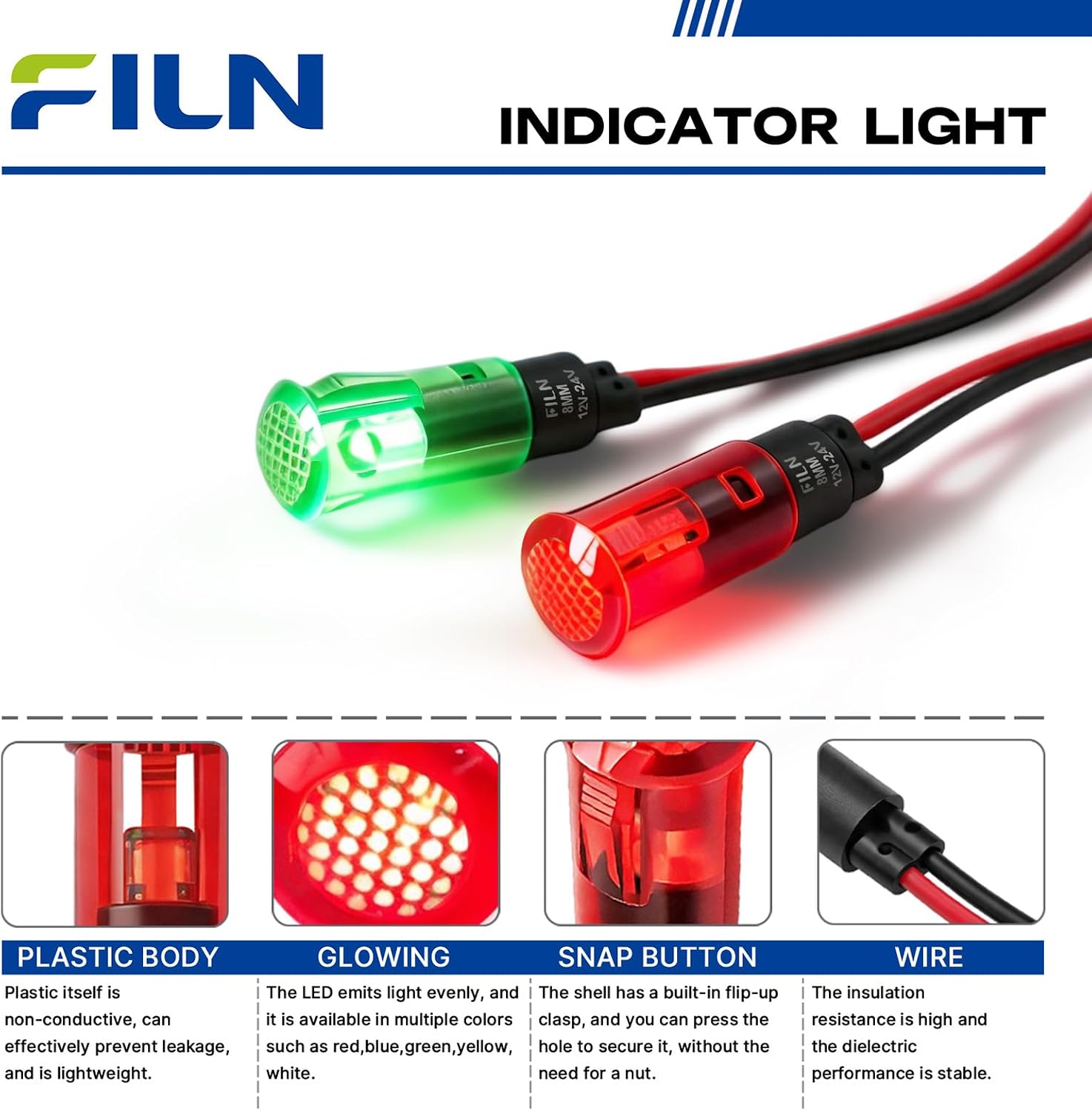 10Pcs 8mm(5/16") LED Indicator Light 5V 12V 24V IP67 Waterproof