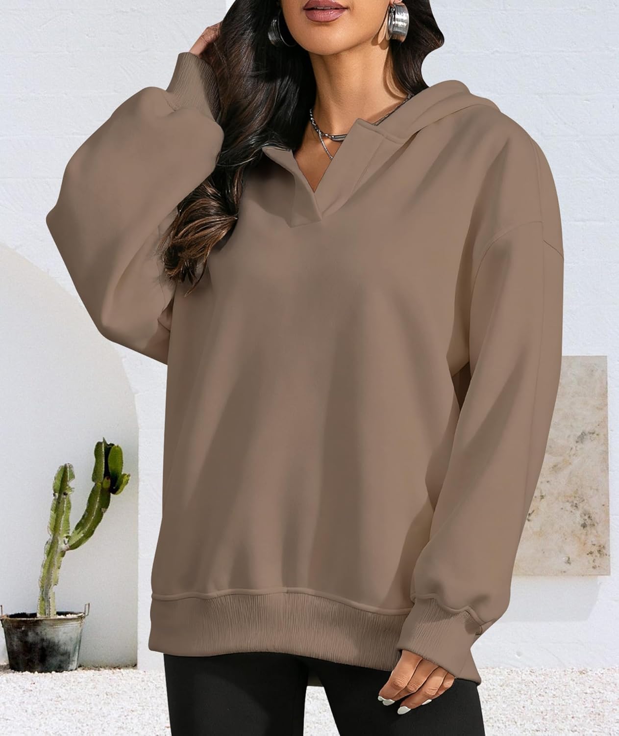 Oversized Hoodies For Women Casual V Neck Sweatshirt Fall Winter Fashion Long Sleeve Pullover Hoodie With Pockets - Image 2