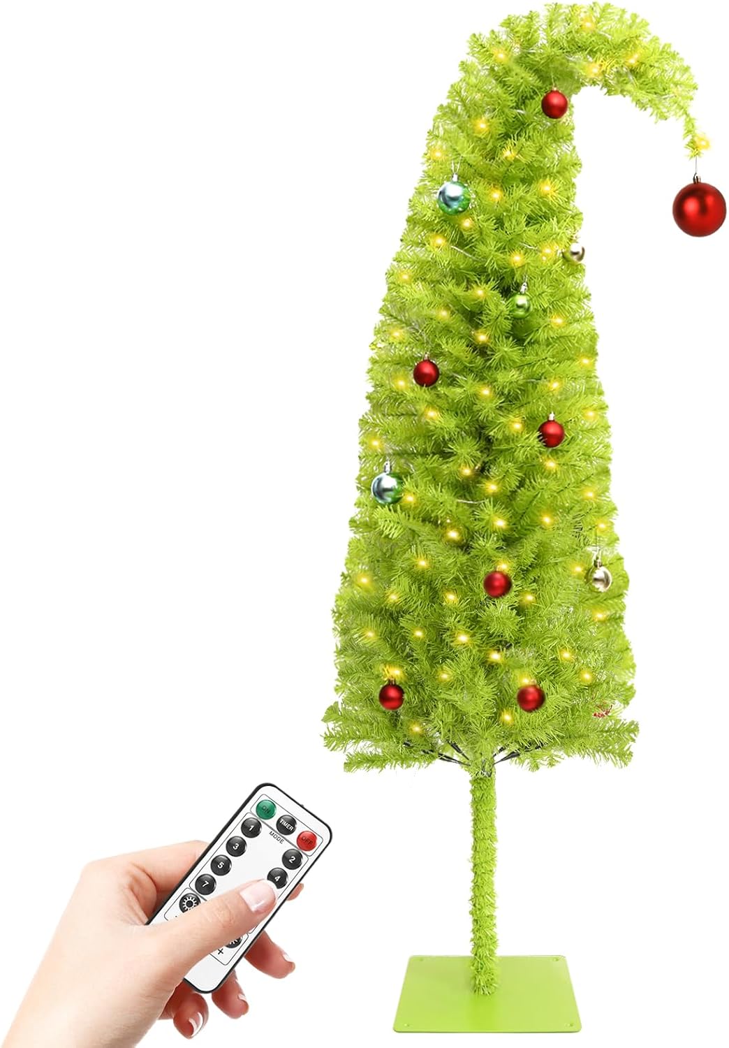 5FT Whimsical Lime Green Christmas Tree with 150 LED Timer Lights and Balls Ornament, Bendable Artificial Pencil Tree with Metal Base for Home Office Apartment Holiday Party Decoration