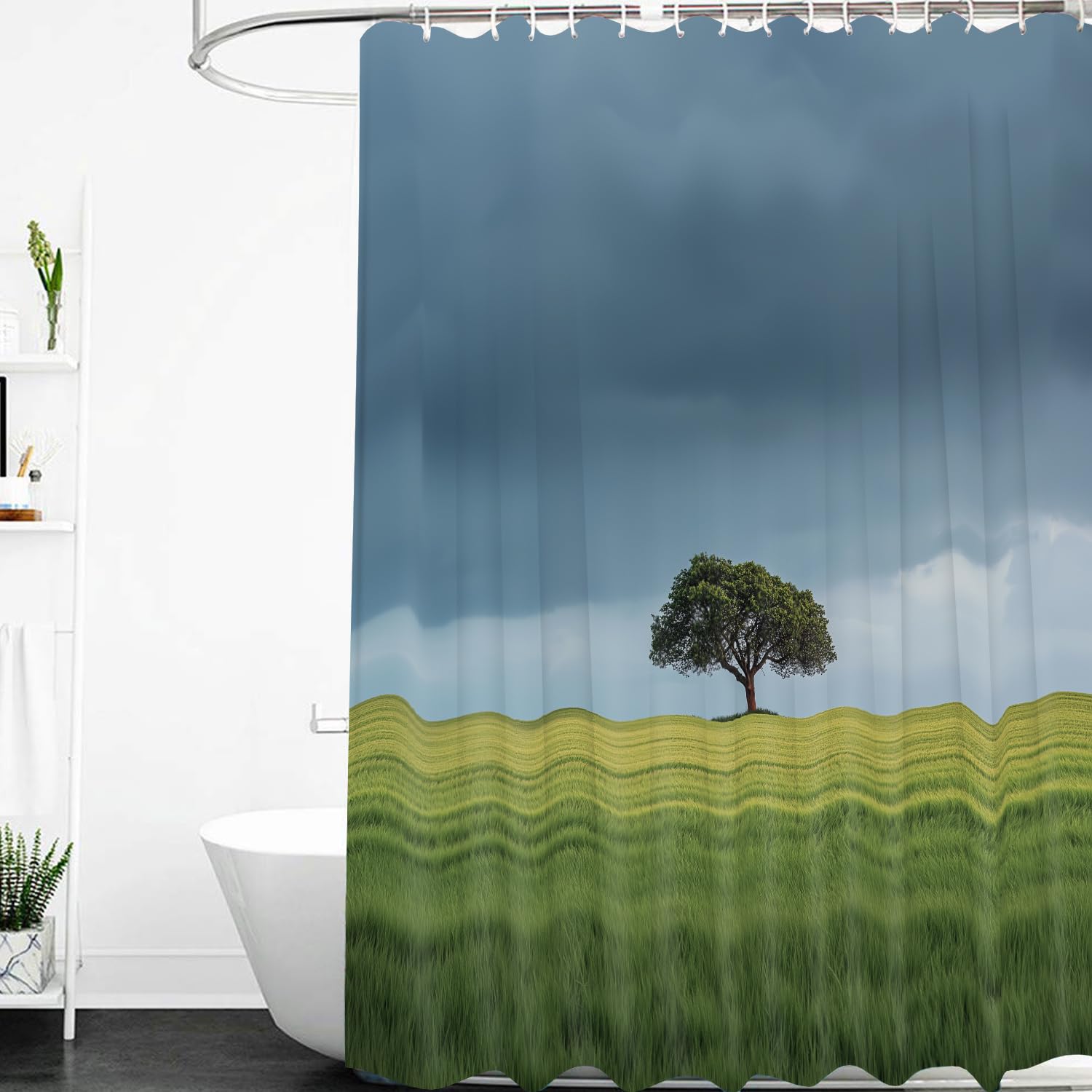 Duschvorhang 200X200 mit Grünem Grasland,Grüne Bäume und Gras Unter Bewölktem Himmel,Badevorhang mit Kunststoffhaken,Strapazierfähiger,Wasserdichter Stoff für Das Badezimmer,B200Xh200cm(1er-Pack)