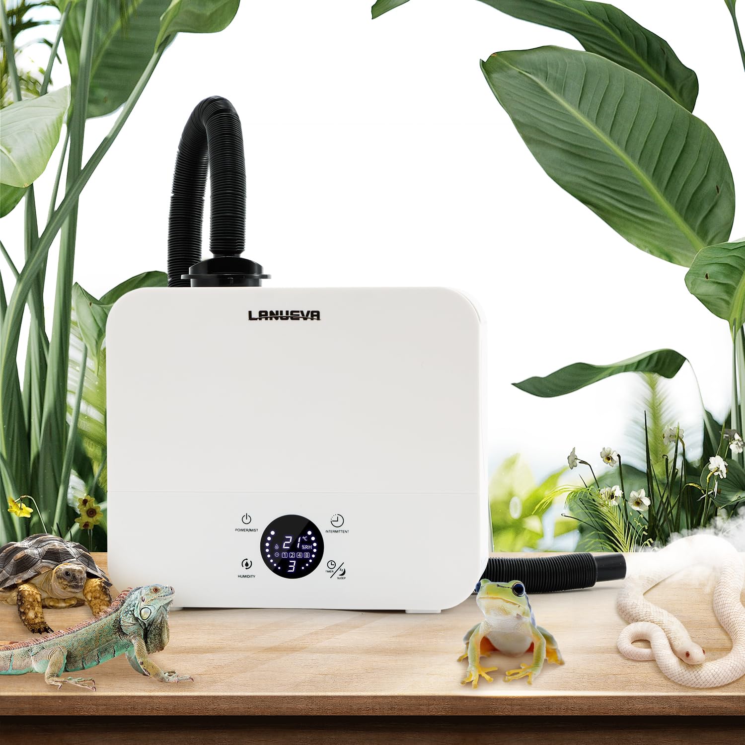 LANUEVA Reptile Humidifier, Quiet Reptile Fogger for Terrariums with Telescopic Hose & 2.5L Tank, Remote Control & Touch Screen, Timing Function, for Reptiles, Green Plants, Home Use