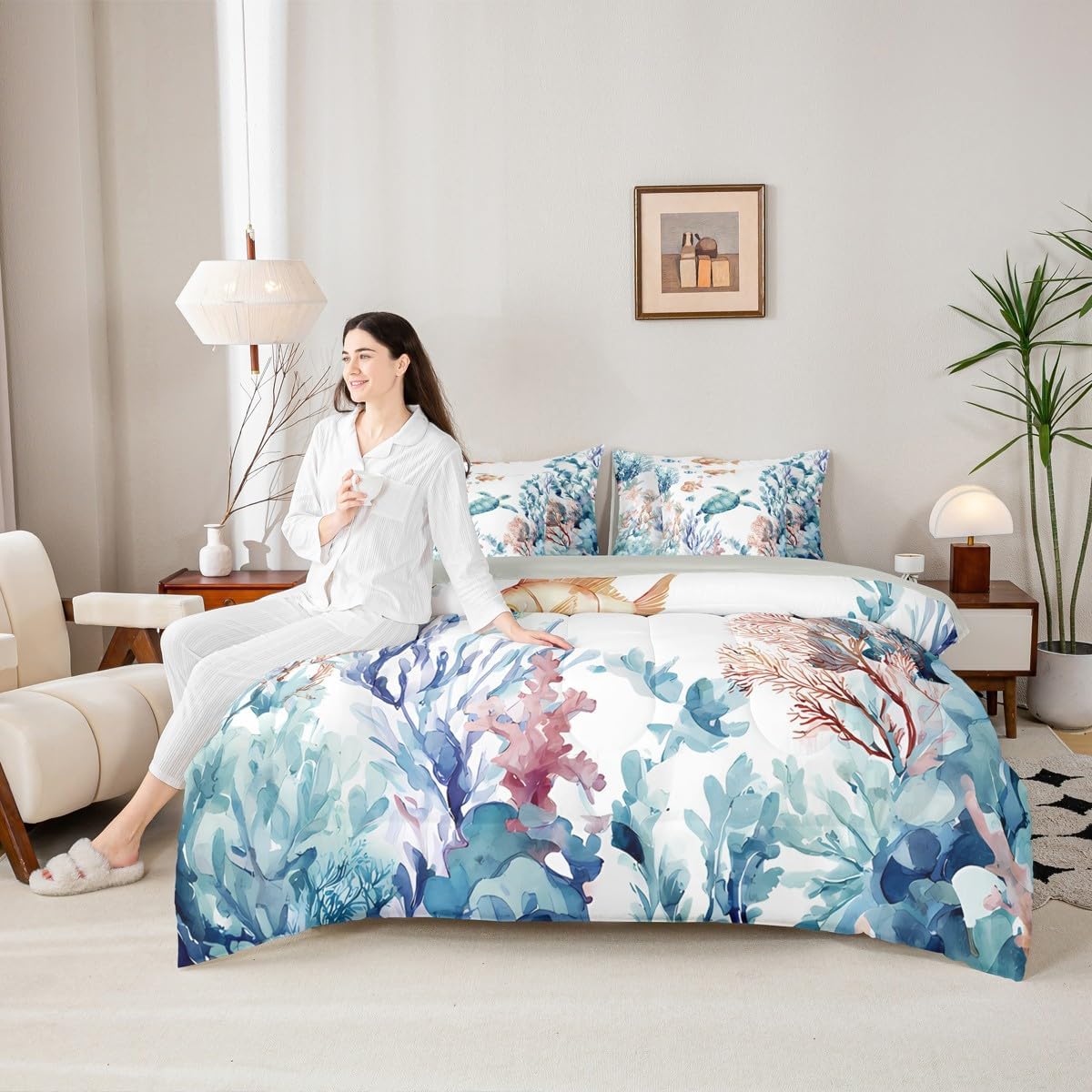 Erosebridal Ocean Turtle Bed in A Bag Queen Comforter Set 7 Piece,Beach Animals Bedding Sets for Kids Boys Girls Teens Teal Blue Comforter and Sheets,Wild Sea Marine Life Bed Set