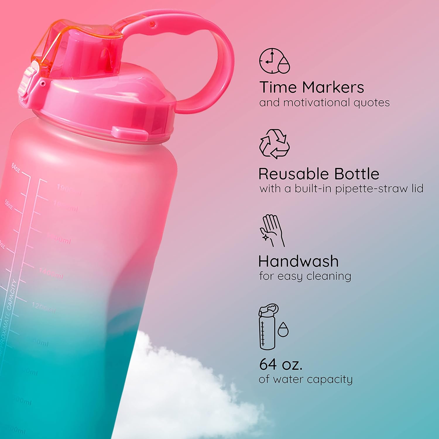 Mayim Half Gallon 64oz Motivational Water Bottle With Time Marker