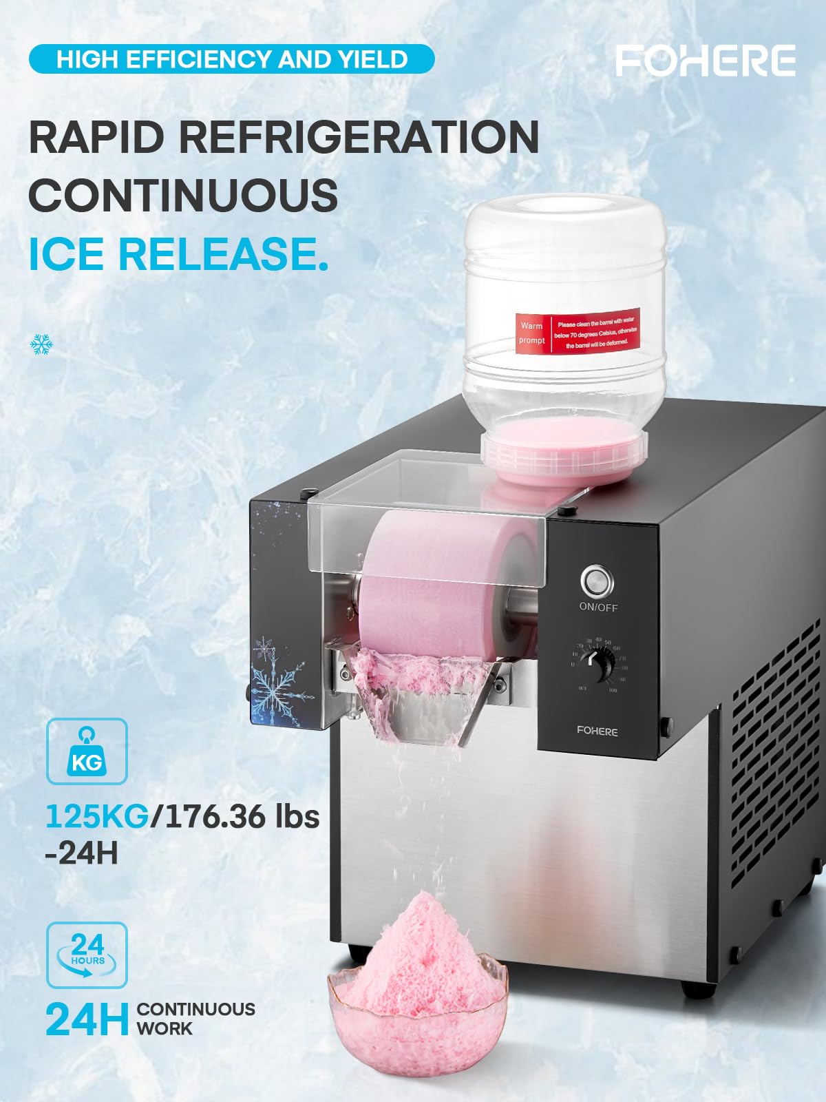 FOHERE Máquina de Hielo en Forma de Copos de Nieve 80kg/24h | Máquina para Raspar Hielo Acero Inoxidable Sistema de Enfriamiento por Líquido para Rápida Disipación del Calor para