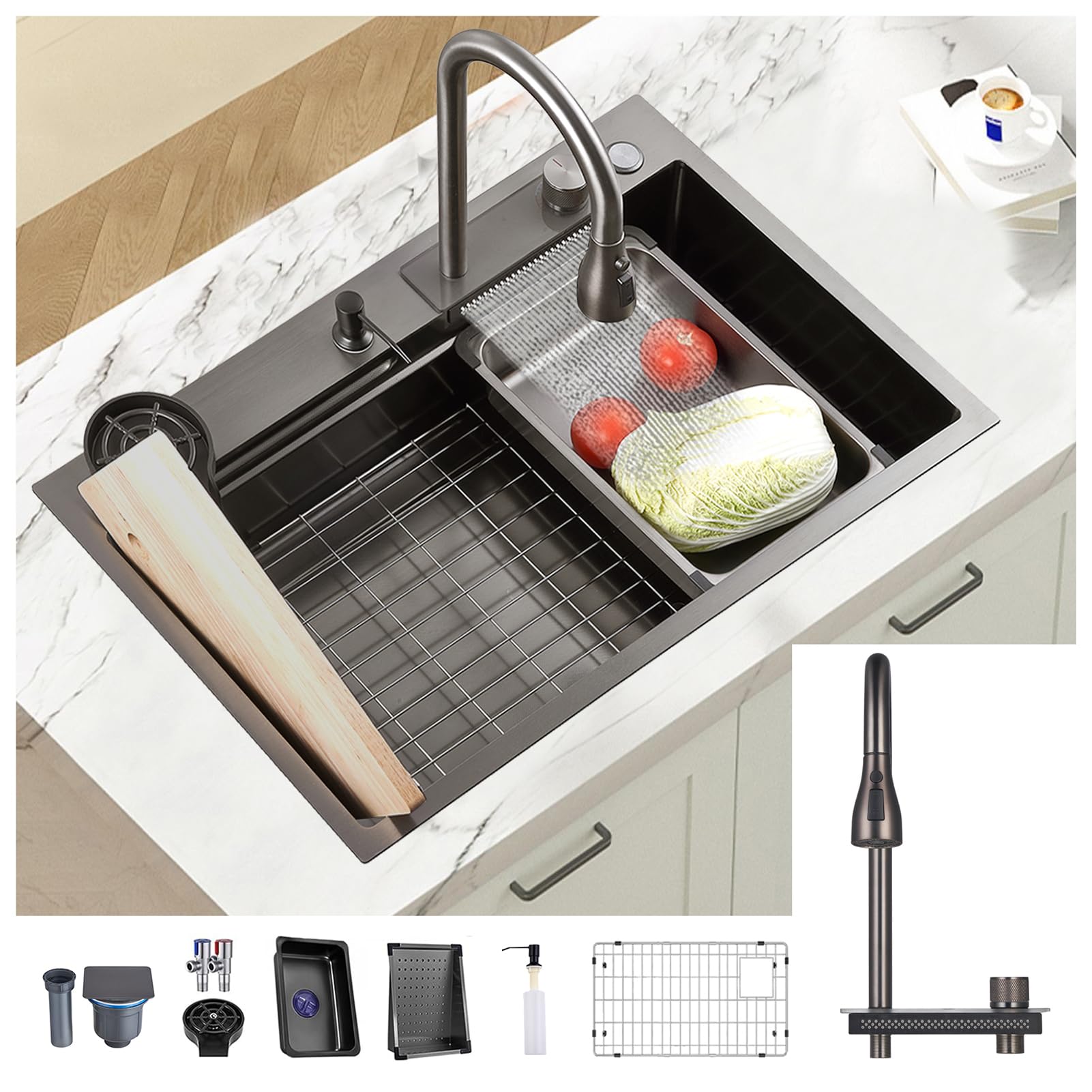 ZQFHSX Stainless Steel Drop-In Workstation Sink 86x50cm Single Bowl with Accessories Durable Kitchen for Efficient Meal Prep and Cleanup