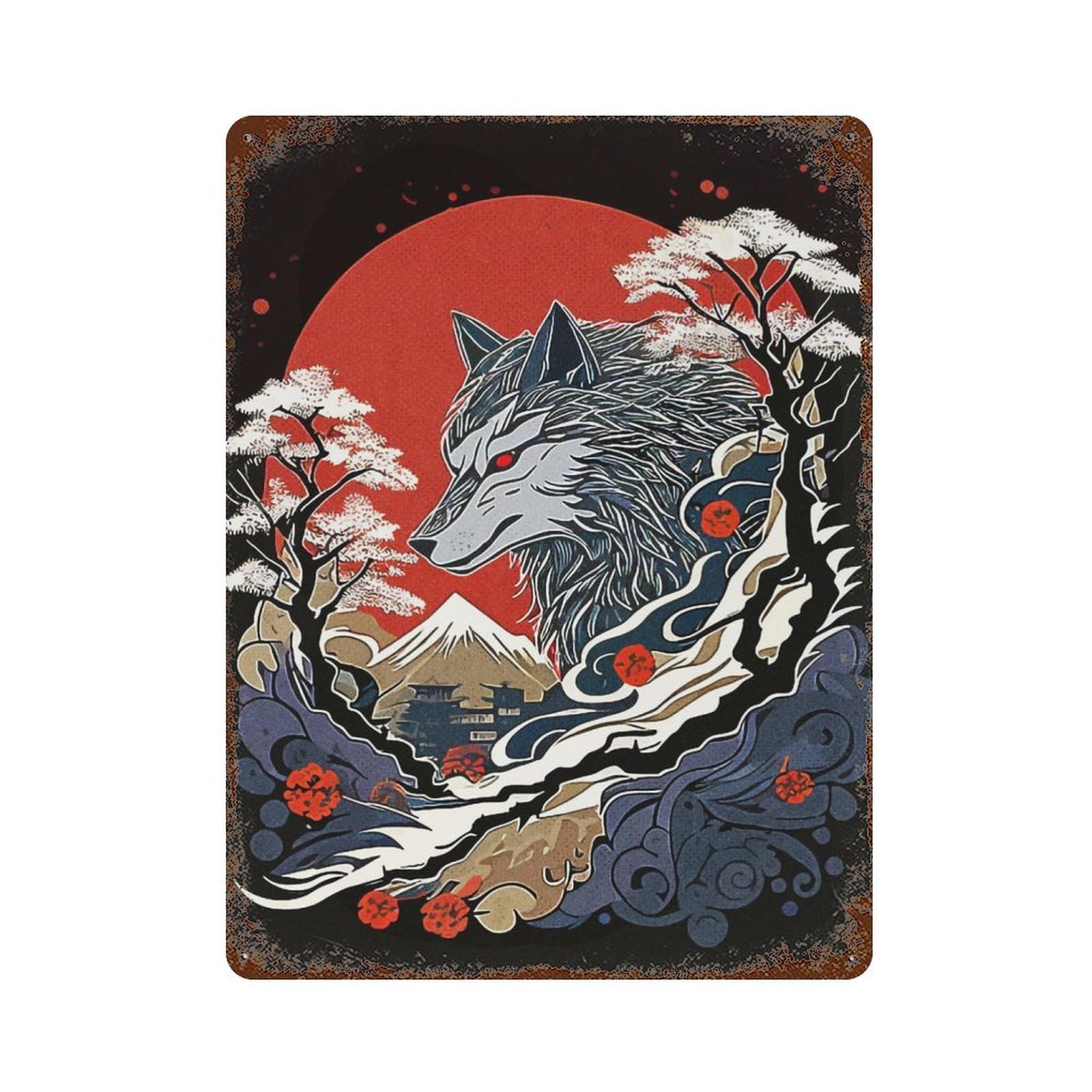 Vintage Metal Tin Sign Wolf Japan 15.7"x11.8", Industrial Home Decor for Farmhouse, Kitchen And Entryway Decor