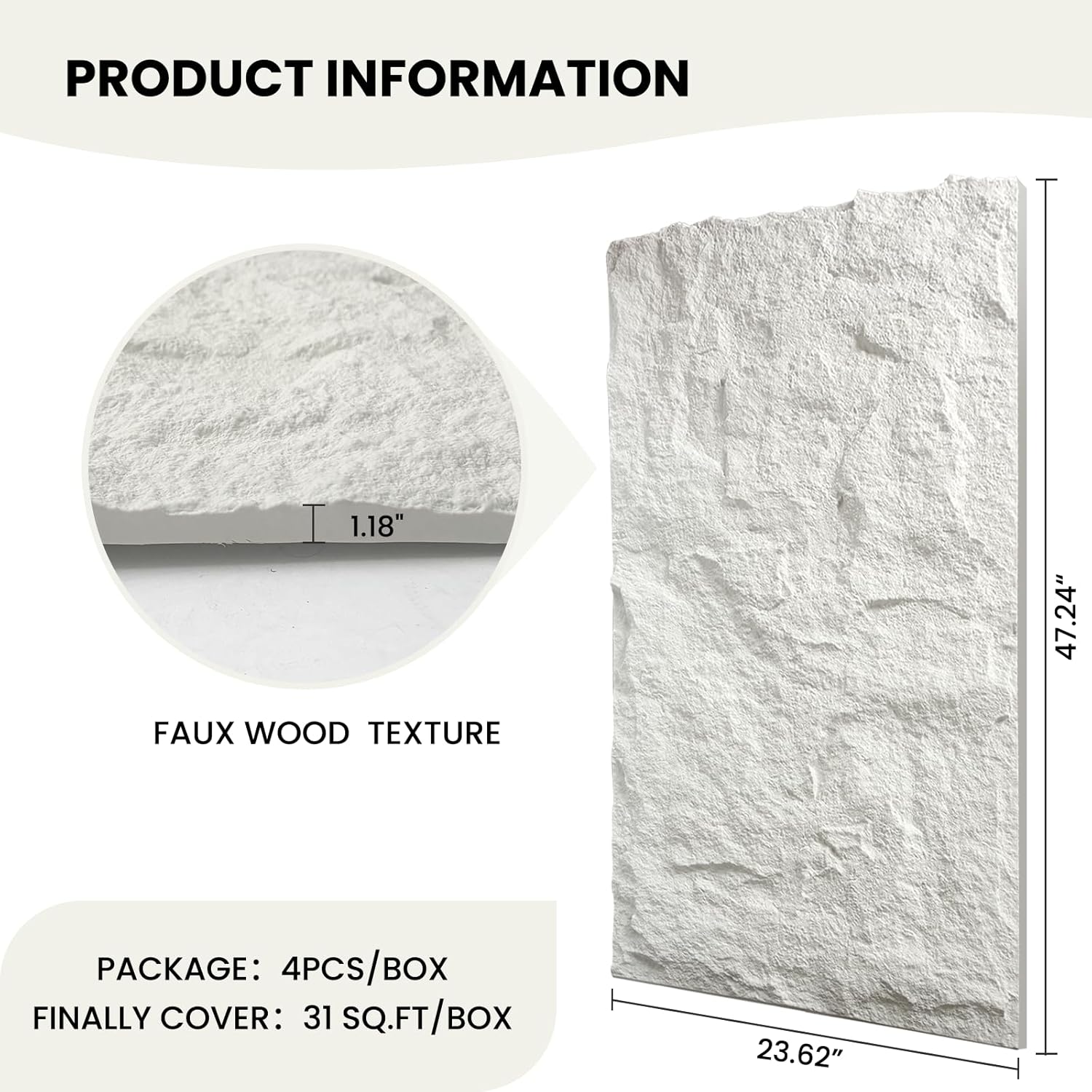 3D Faux Stone Wall Panels, 1.18" (30MM) Extra Thick PU Stone Panels for Interior Wall Decor, 4 Pack Waterproof Lightweight Cement Texture Accent Panels for Living Room, Office, 47.2" x 23.6", White