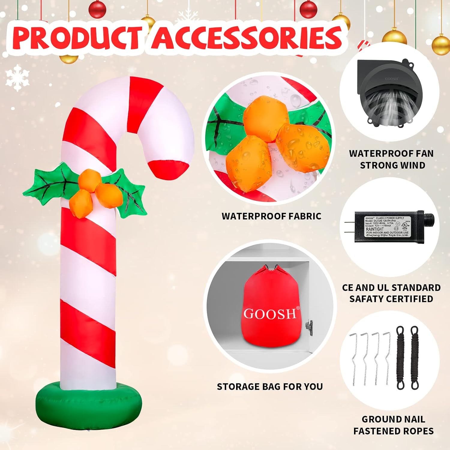 GOOSH 6 FT Candy Cane Christmas Inflatables Decoration, Inflatables Candy Cane Built-in LEDs Light Xmas Blow Up Giant Christmas Yard Décor for Holiday Outdoor Garden Decoration