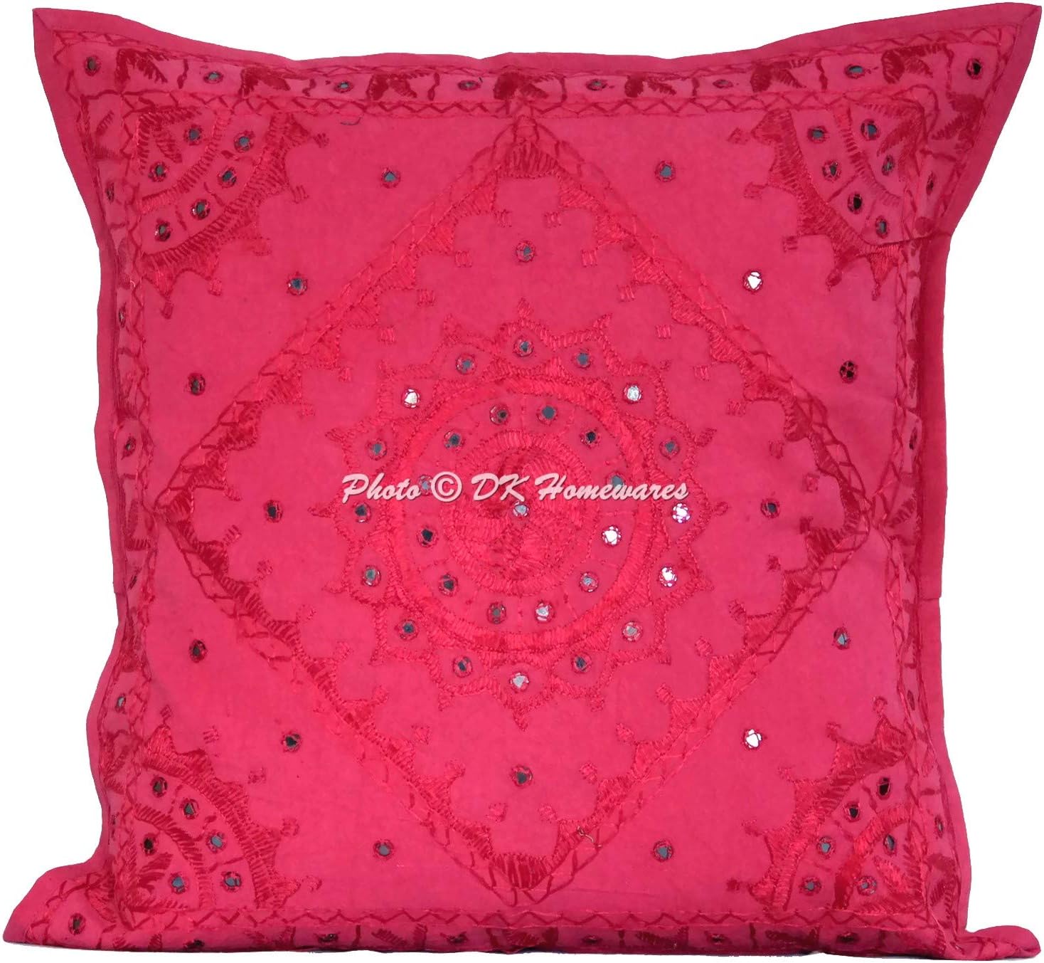 Ethnic Decorative Couch Throw Pillow Covers 24 Inch Cotton Embroidered Bohemian Boho Square Toss Cushion Covers (Size - 60x60 cm ; Color: Dark Pink) - Set of 2 Pcs (Cover Only)