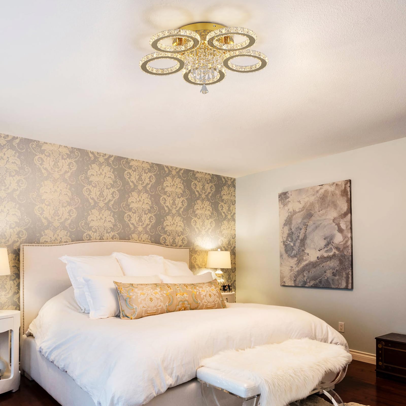VETRULUS Moderner Kristall-Kronleuchter – Goldene LED-Deckenleuchte mit 5 Ringen, Dimmbar für Schlafzimmer, Wohnzimmer, Esszimmer, Flur