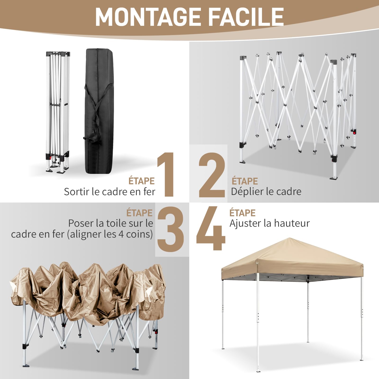 LEADZM Tonnelle Pliable 3x3 m Imperméable Anti-UV 50+, Hauteur Ajustable avec 4 Moustiquaires, Structure Stable, pour Jardin, Terrasse, Camping Et Usage Professionnel,Kaki