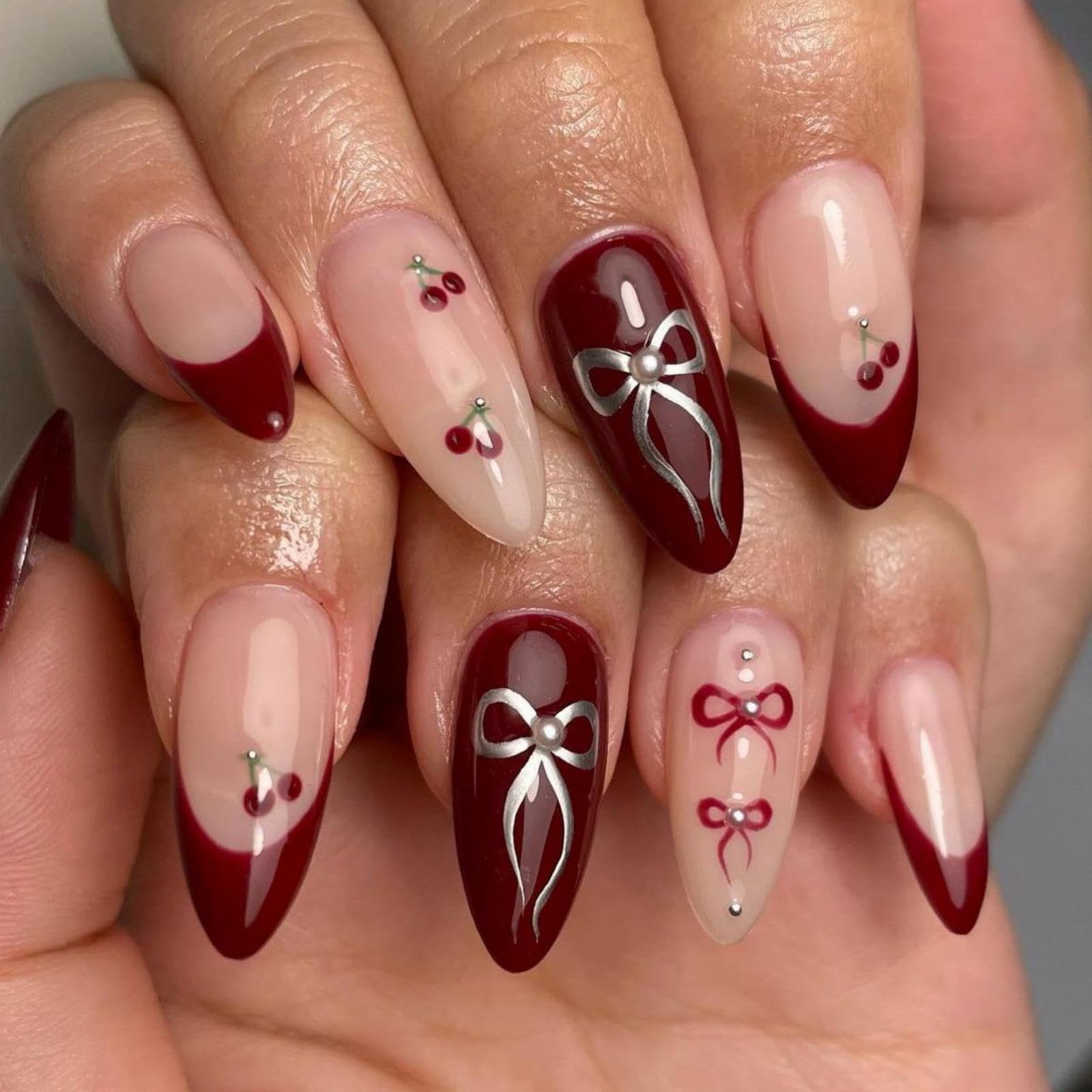 Red French Tip Press on Nails Cherry Fake Nails Short Almond False Nails with Pearl Design Bow Glue on Nail Glossy Artificial Acrylic Full Cover Nude
