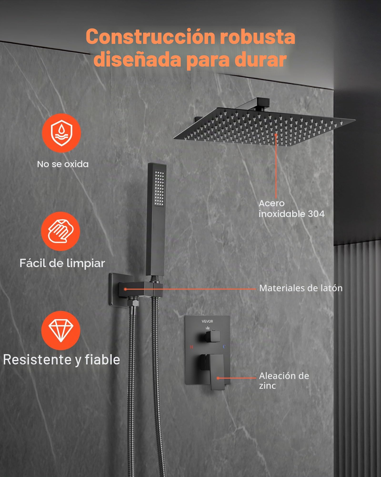 VEVOR Juego de Grifo de Ducha de Lluvia con Cabezal de Ducha cuadrado de 20,3 cm y Rociador de Mano, Grifería de Baño de Pared con Válvula de Latón y Kit de Embellecedor, 6,7 L/min, Negro Mate