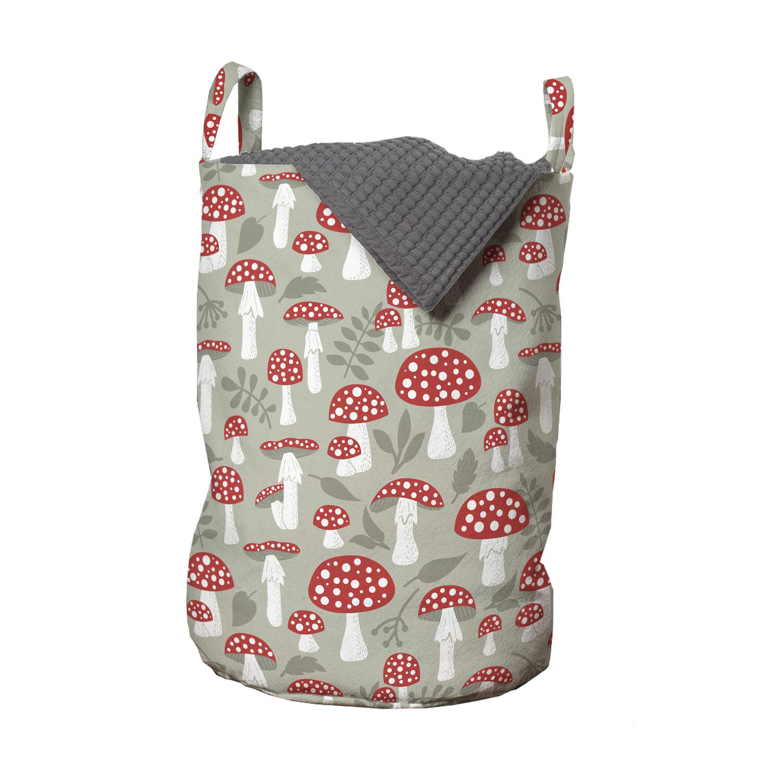 Ambesonne Cartoon Laundry Bag, Poisonous Amanita Mushroom Pattern with Foliage and Berry Silhouettes, Hamper Basket with Handles Drawstring Closure