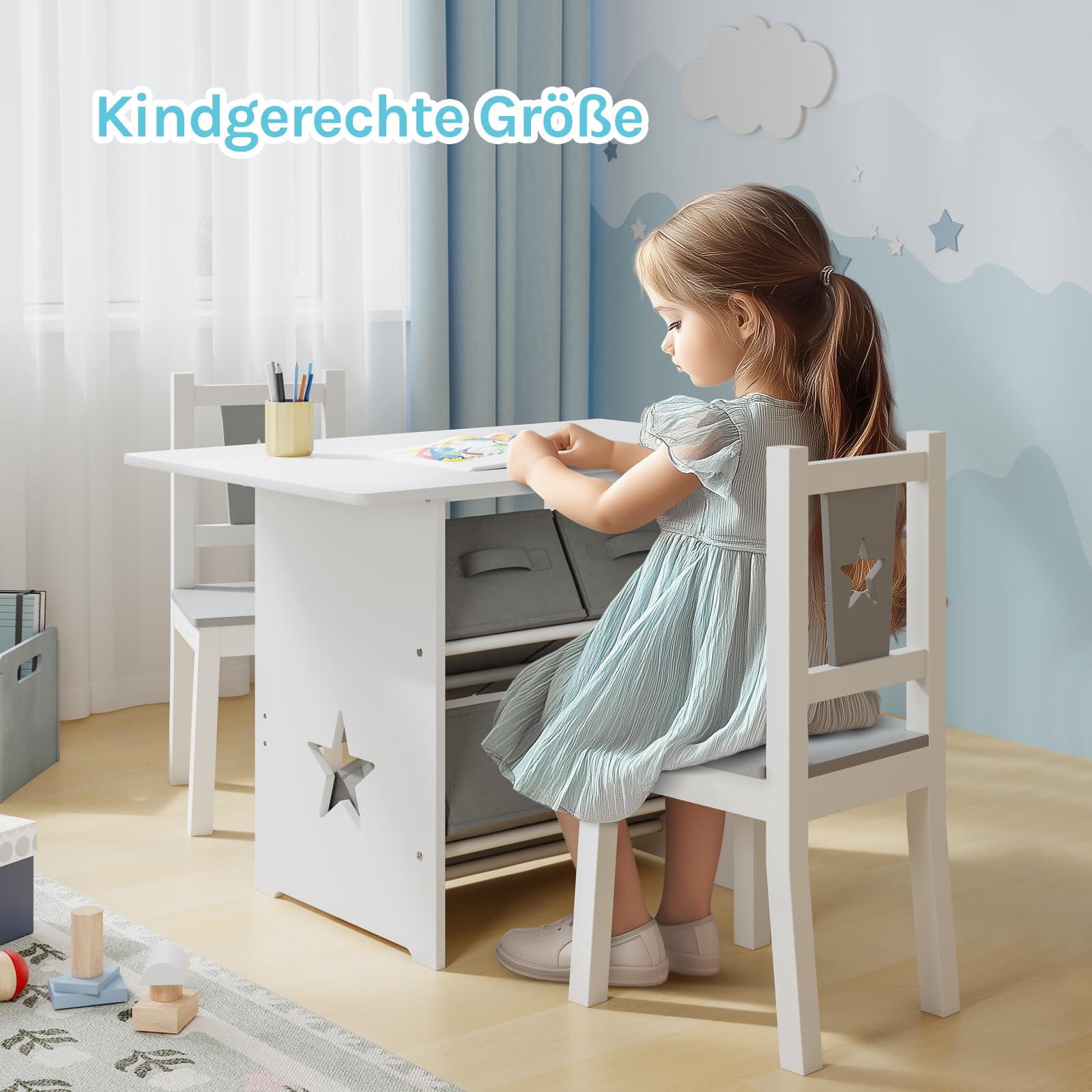WOLTU Kindersitzgruppe, 1 Kindertisch und 2 Stühle, Kindertisch mit Stauraum, Kindermöbel Set aus Holz, mit 3 Aufbewahrungskörben, Sitzgruppe für Kinder, Grau + Weiß