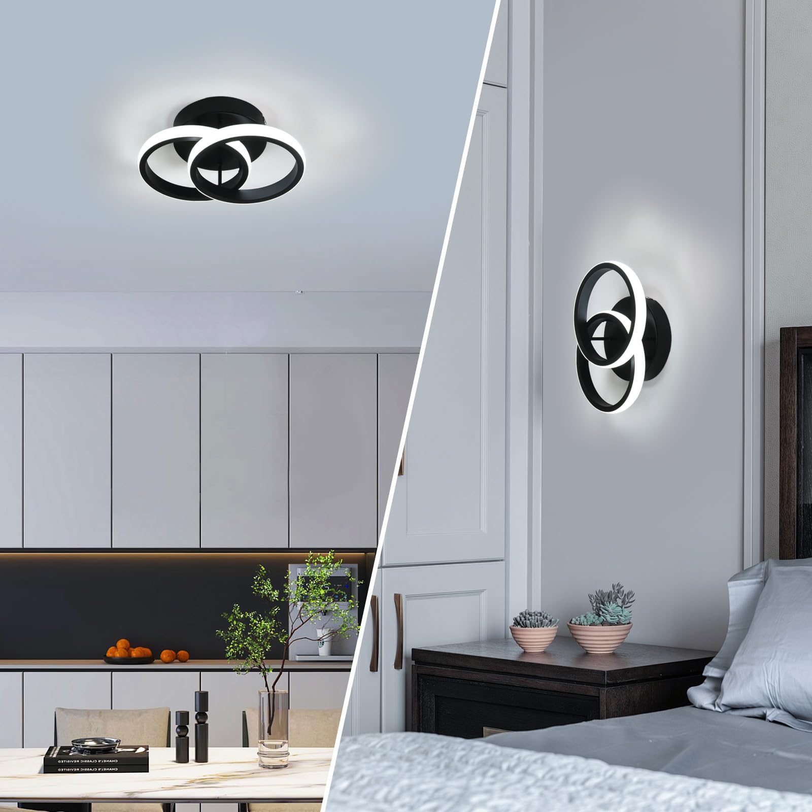 2 Piezas Plafón LED Techo de Acrílico 22W Blanco Frío 6500K, 25CM | 22W 2475LM Redondo Lámpara de Techo LED Negro, 25CM Moderno Luz de Techo para Dormitorio Sala de Estar Comedor Pasillo Cocina