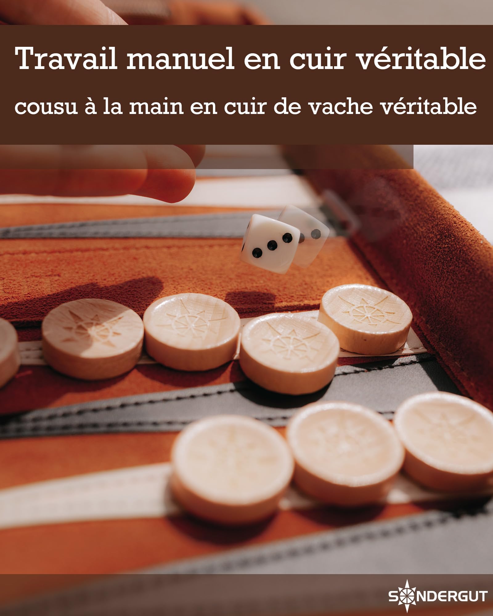 Sondergut Backgammon Deluxe - en Cuir véritable - pour 2 - Cadeau de qualité supérieure - Jeu de société - Jeu de stratégie - avec Pierres et dés en Bois