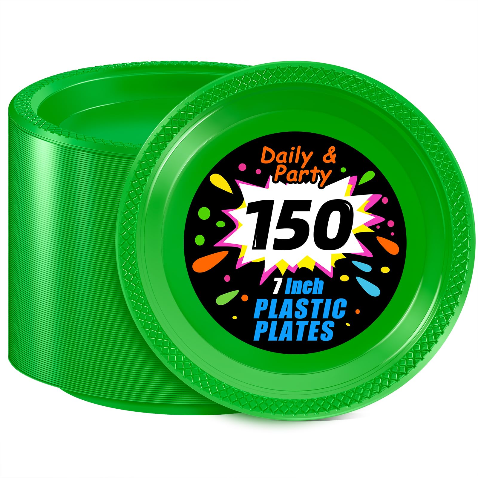 WELLIFE Green Party Plates 7 Inch -150 Count, Plastic Disposable Dessert Plates for New Year Party St. Patrick's Day Easter Cake Appetizers Salad