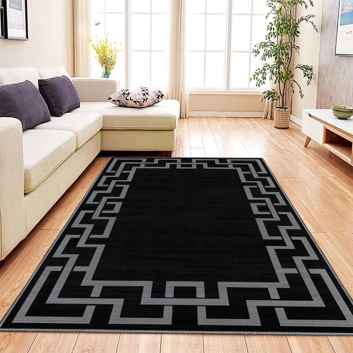 Aspire Homeware Rugs living room Bedside Rug 80 x 150 cm – Non-Shedding Floor Playing Mats for bedroom Lounge – Super Soft Greek key Design Printed Black Rugs (Nico Black)