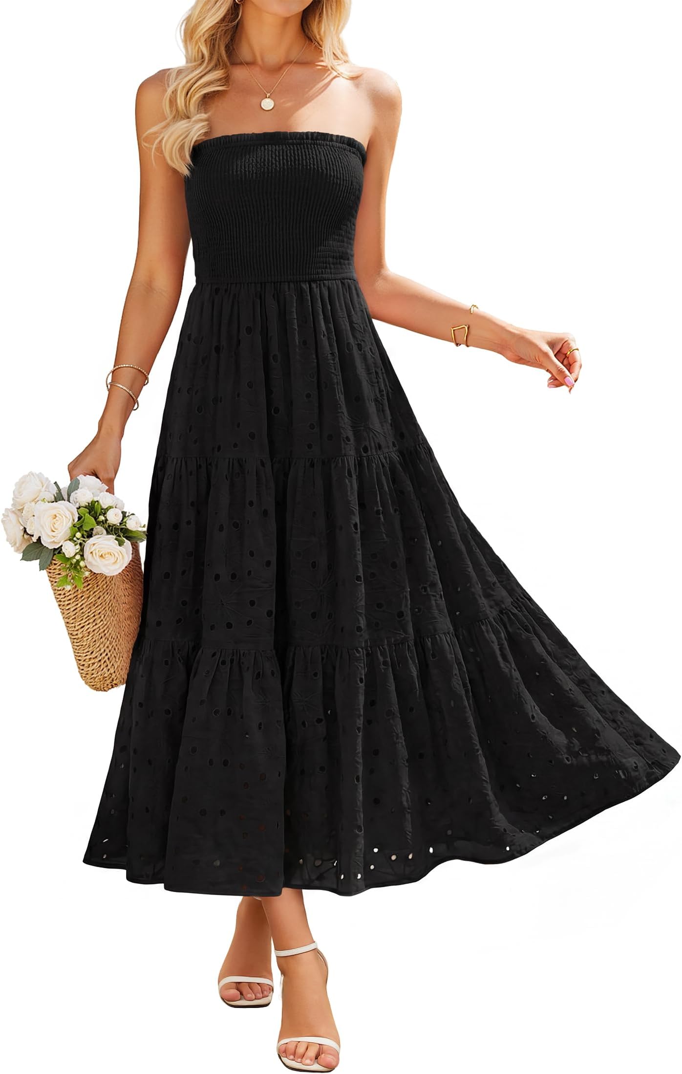 Womens 2026 Summer Boho Strapless Midi Dresses Off Shoulder Smocked Eyelet Flowy Casual Beach Long Dress Pockets