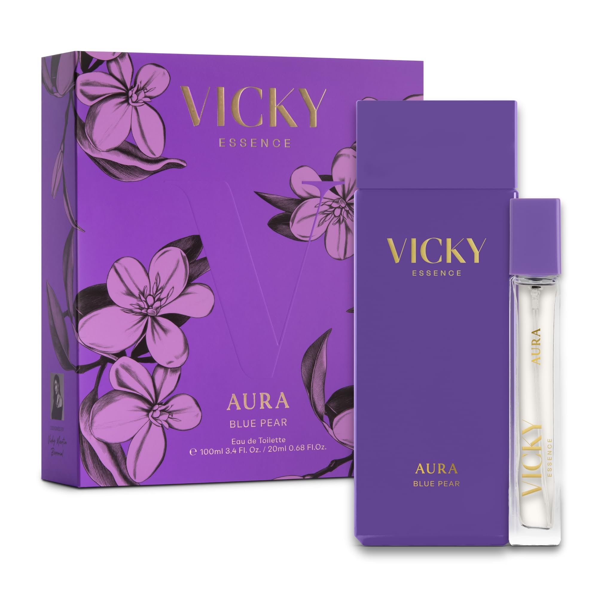 VICKY ESSENCE Eau de Toilette AURA 100ML+ EDT 20ml | Set de Perfume de Mujer | Fragancia Duradera | Vainilla y almizcle | Pera y flor de Naranjo