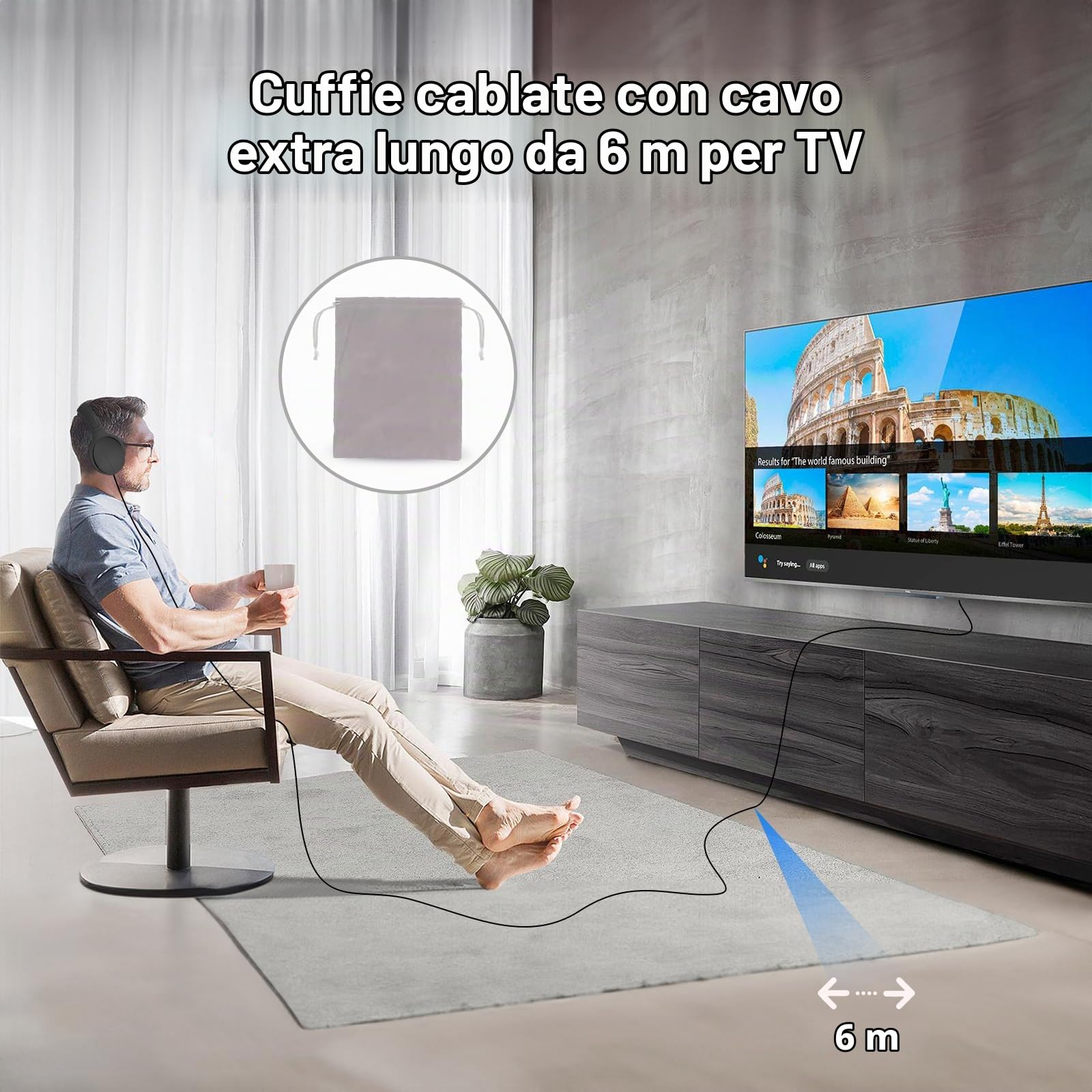 Cuffie TV a cavo lungo per anziani con controllo del volume | Design over-ear cablato con imbottitura morbida e archetto regolabile; include una spina AUX da 3,5 mm e nessun microfono
