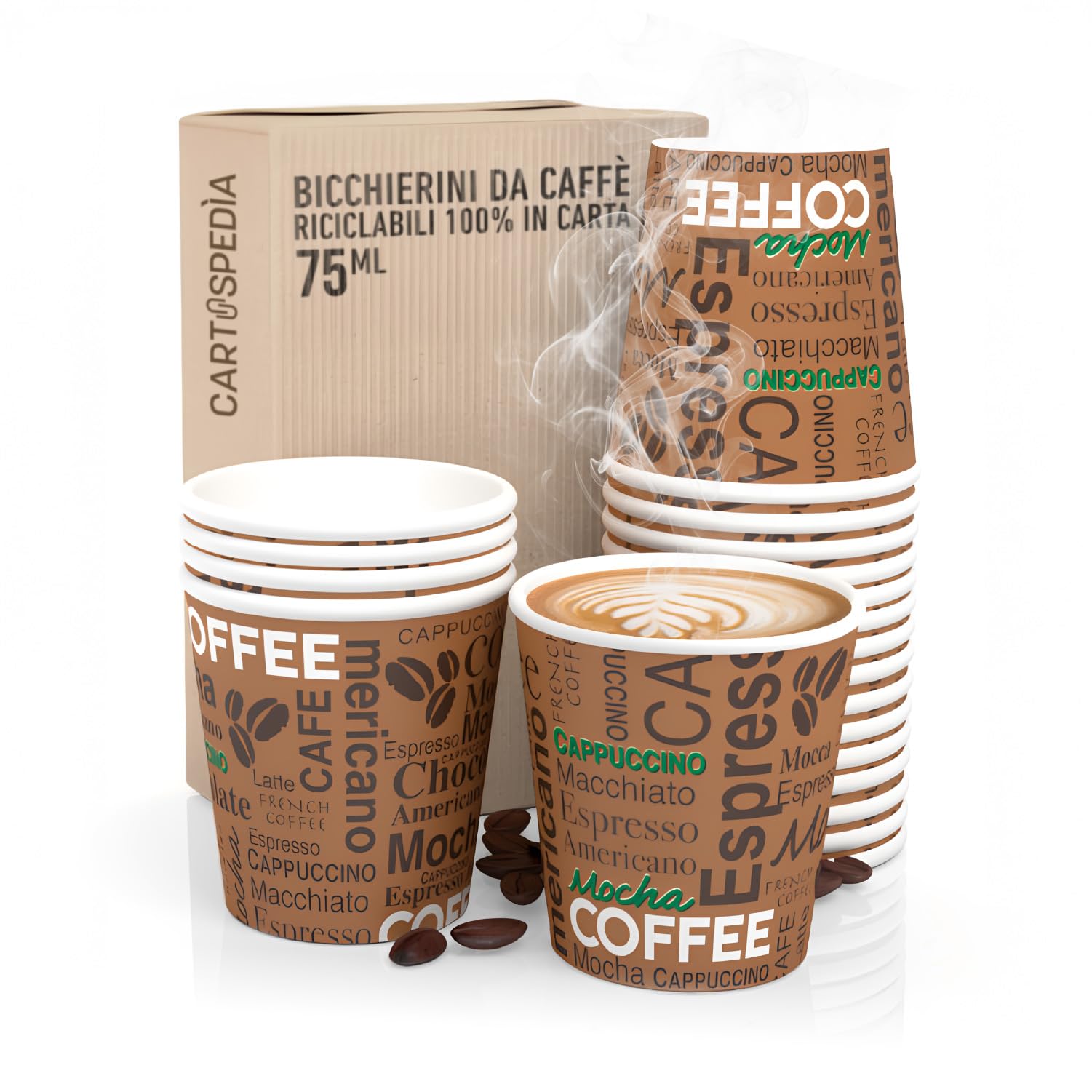 CARTOSPEDÌA – 200 Bicchierini Caffè Carta, 75 ml, Bicchieri Caffe Monouso Biodegradabili per Espresso, Accessori Caffe indispensabili, Espresso Cup Made in Italy 100%, Brown