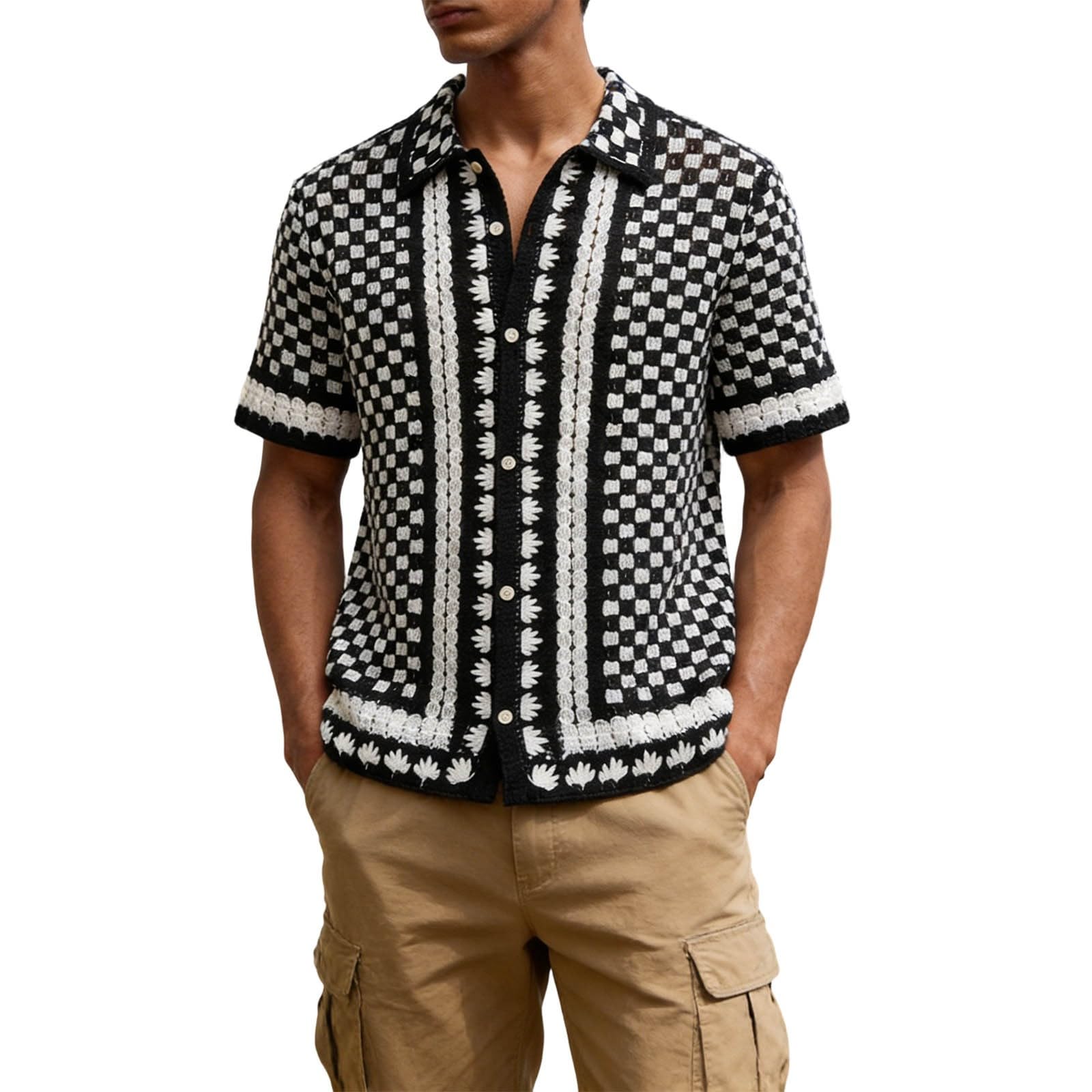Camicia da uomo a maniche corte, per il tempo libero, con scollo a V, con colletto a risvolto, a righe, hawaiana, da spiaggia, da spiaggia