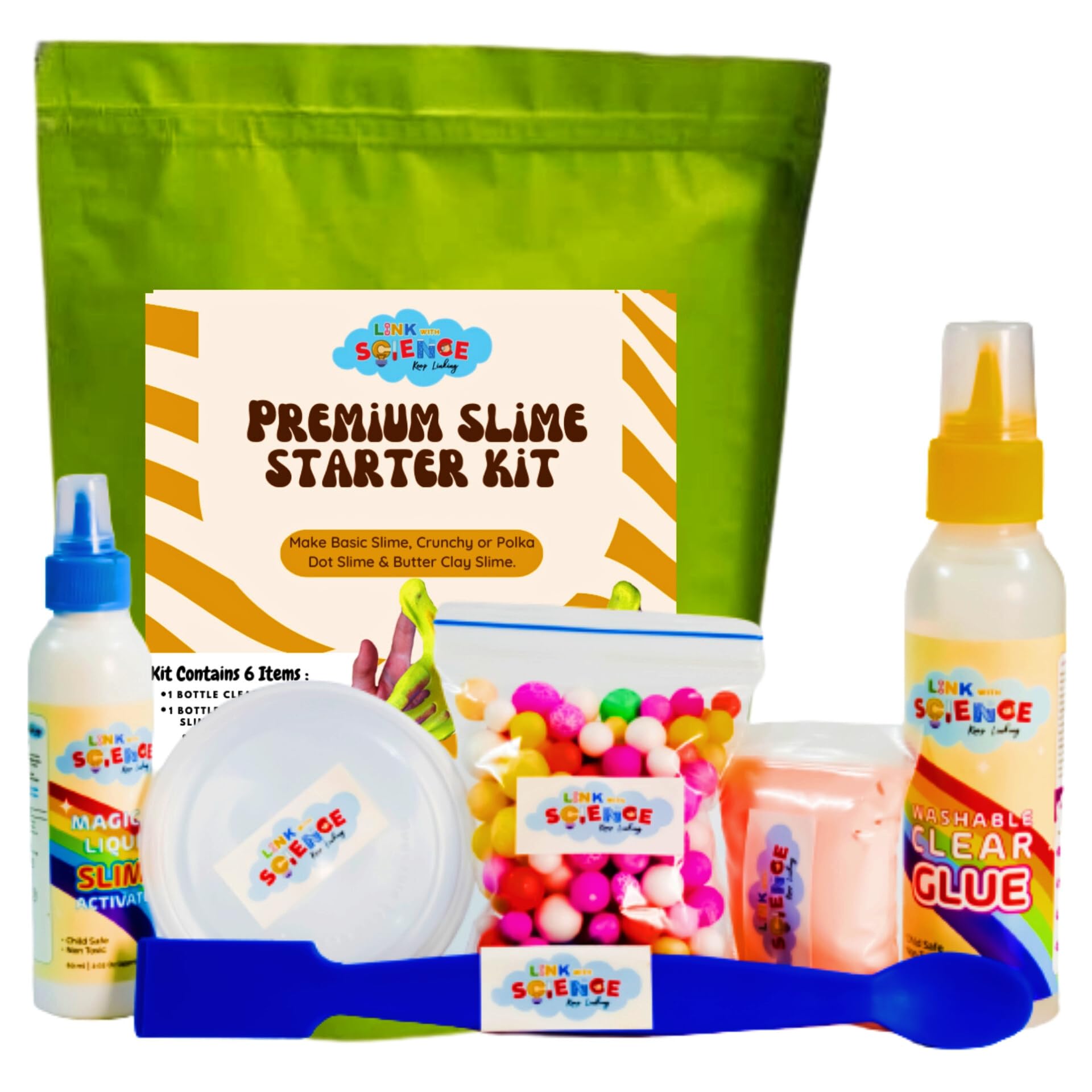 Link With Science Premium DIY Slime Making Supplies Bag. Perfect for Making Basic and Crunchy Slime at Home. Best Birthday Return Gift for Kids