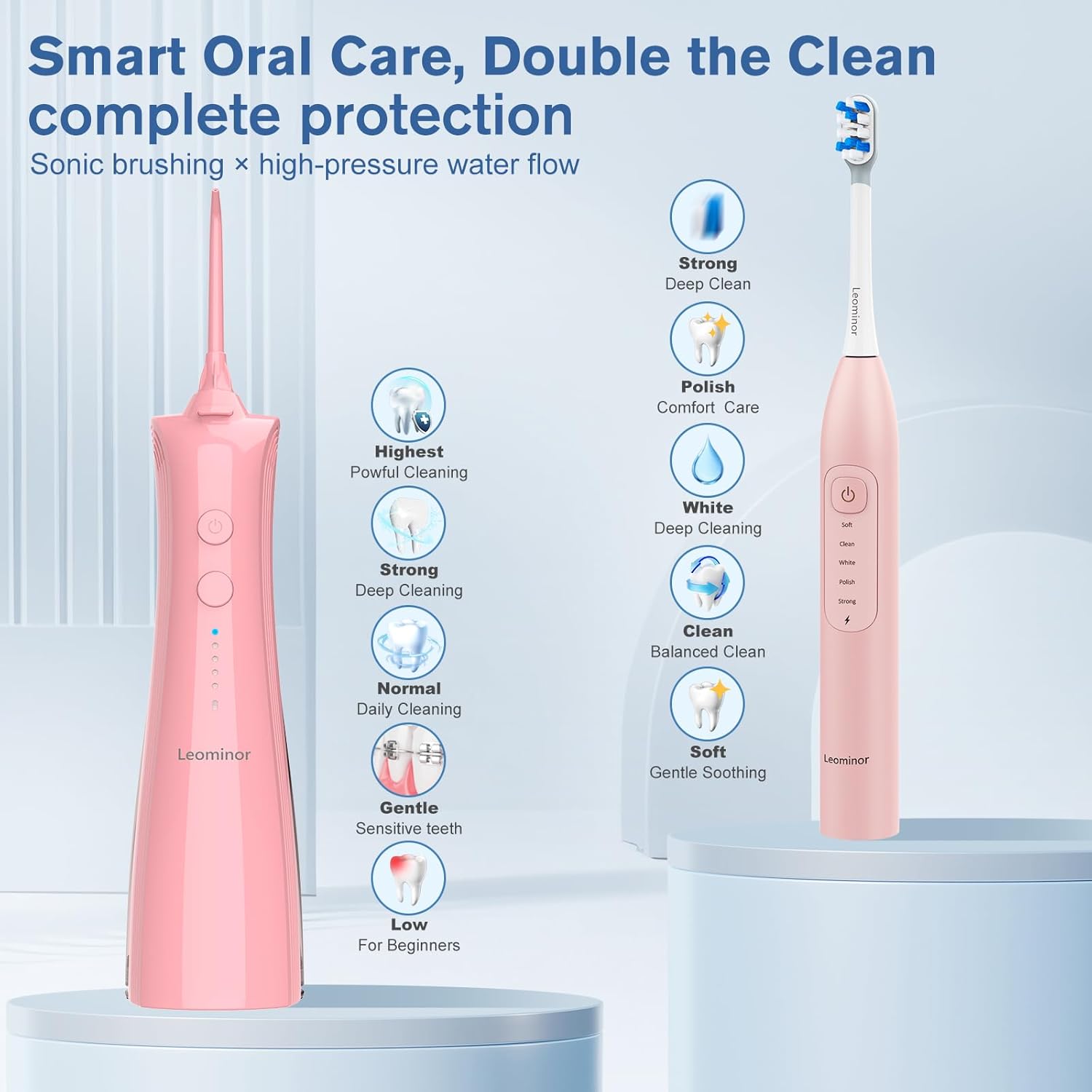 Leominor 3-in-1 Water Flosser & Electric Toothbrush Combo – Cordless Oral Irrigator with 235ml Large Tank,5 Modes, IPX7 Waterproof,Freshening Strips,for Teeth,Gums,Braces,Home & Travel,Pink