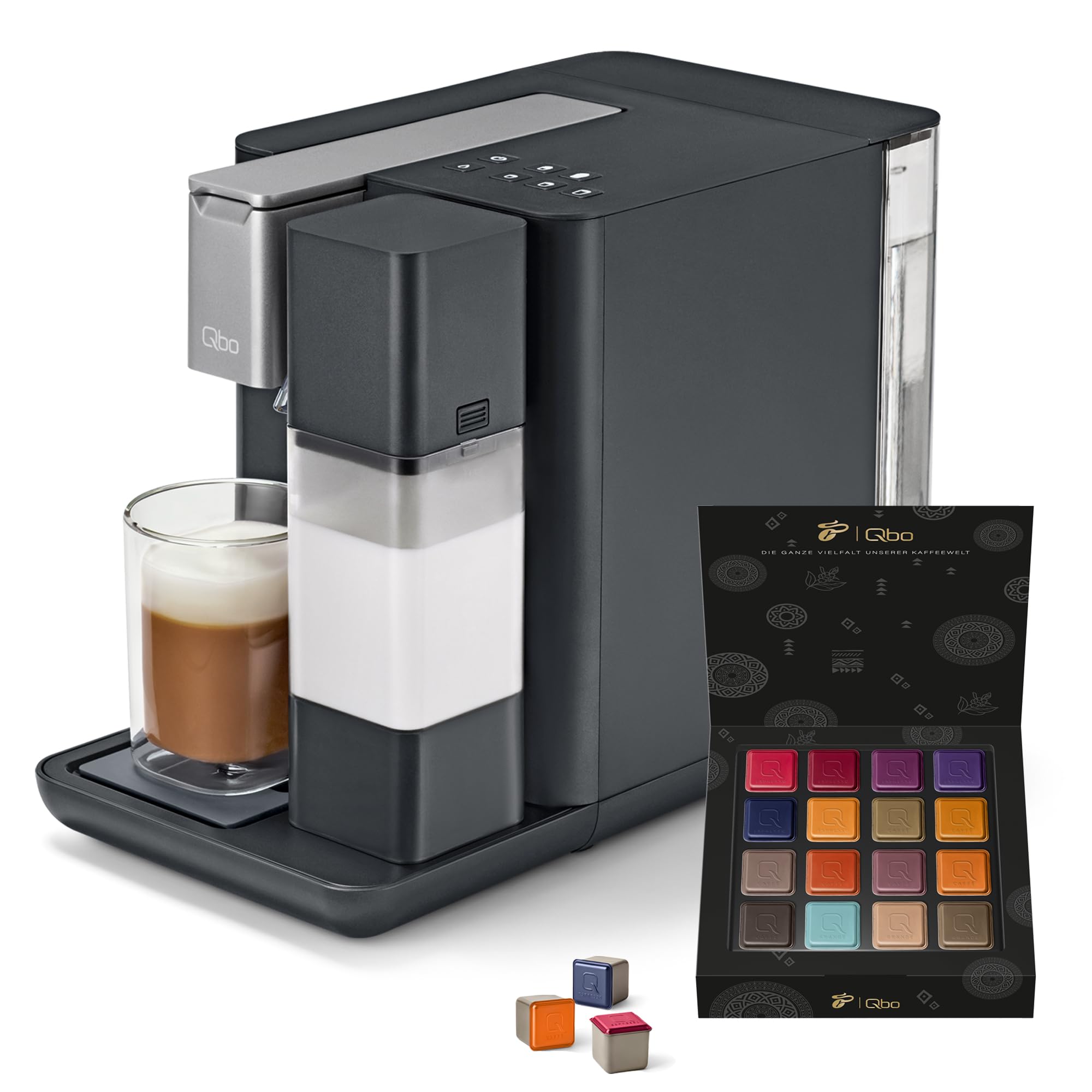 Tchibo Qbo MILK MASTER Premium Kapselmaschine inkl. 16 recyclebare Qbo Kapseln für Cappuccino, Espresso, Caffè Crema, Milchschaum auf Knopfdruck mit abnehmbarem Milchtank 300ml, Gentle Grey