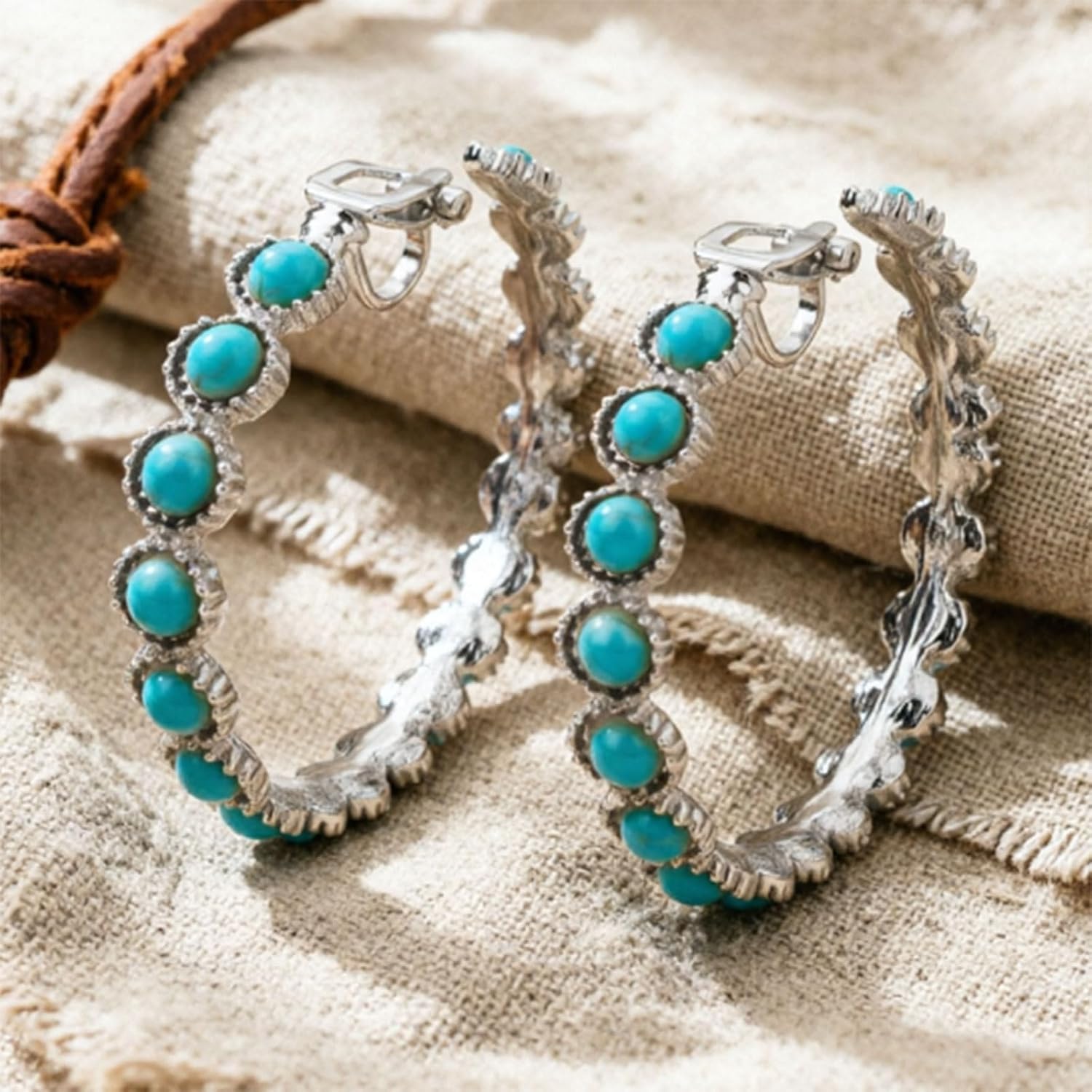 Turquoise Clip On Hoop Earrings for Women Western Non Pierced Jewelry Country Concert Outfits Boho Dress Costume Cowgirl Birthday Present