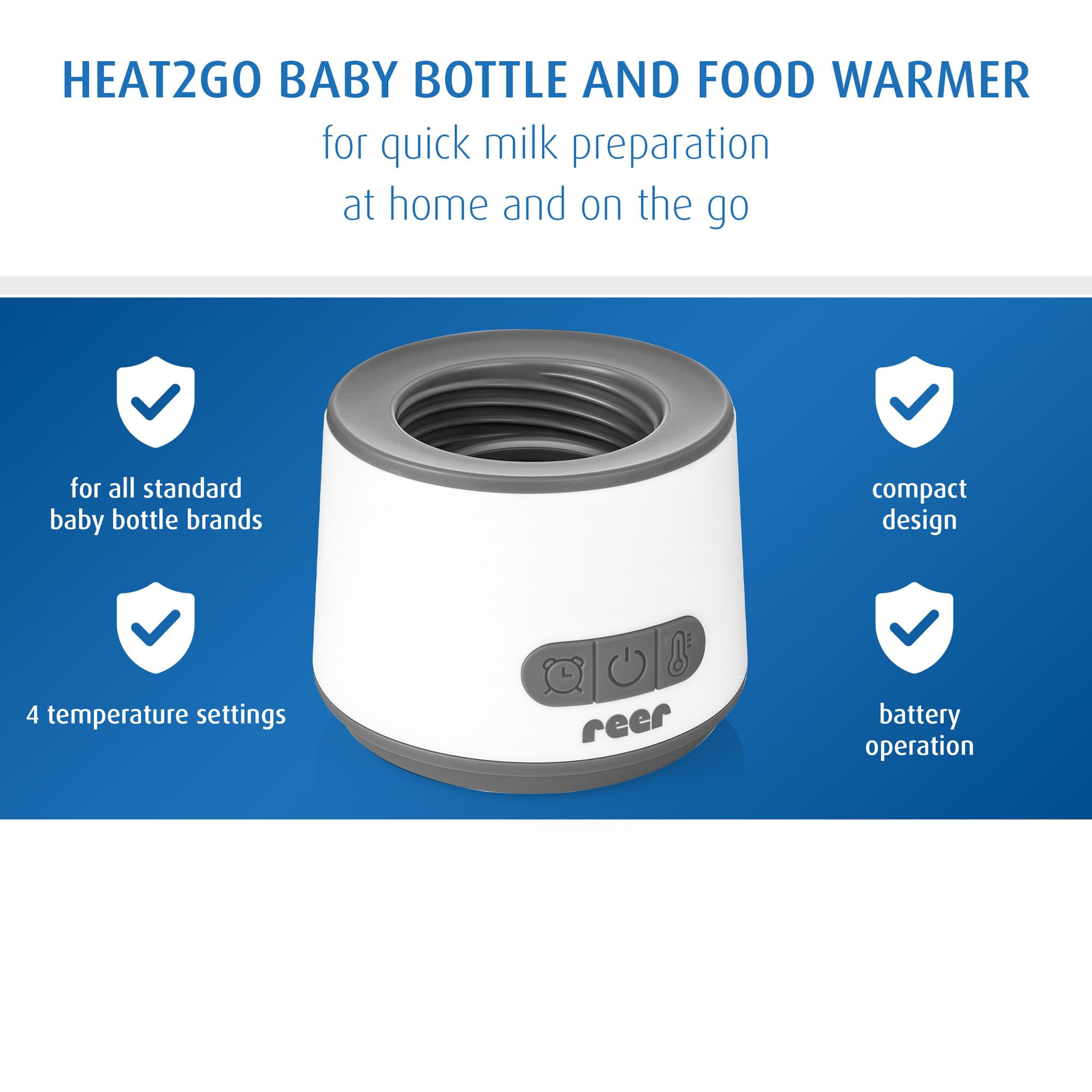 reer Heat2Go Calentador de alimentos para bebé, para uso móvil, calentador de biberones, para un calentamiento relajado sobre la marcha, compacto y portátil, equipamiento inicial para bebés