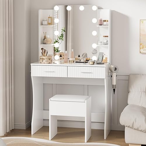 Vanity Desk with LED Lighted Mirror, Makeup Vanity with 3 Adjustable Lights, 2 Large Drawers and 4 Open Shelves, White Vanity with Storage Stool for Bedroom