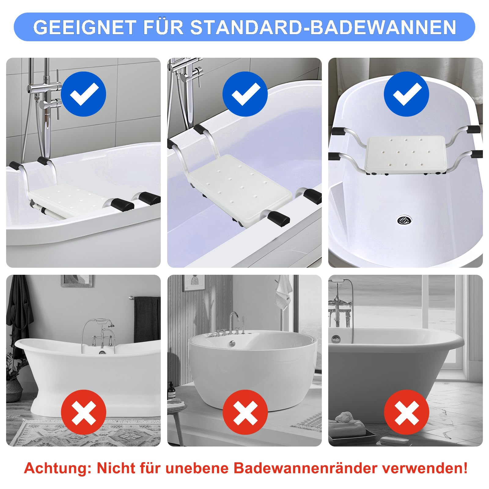 Siège de bain pour personnes âgées avec patins plats en silicone antidérapant et tube en aluminium renforcé de 1,5 mm – Planche de baignoire stable jusqu'à 150 kg, réglable de 71 à 81 cm