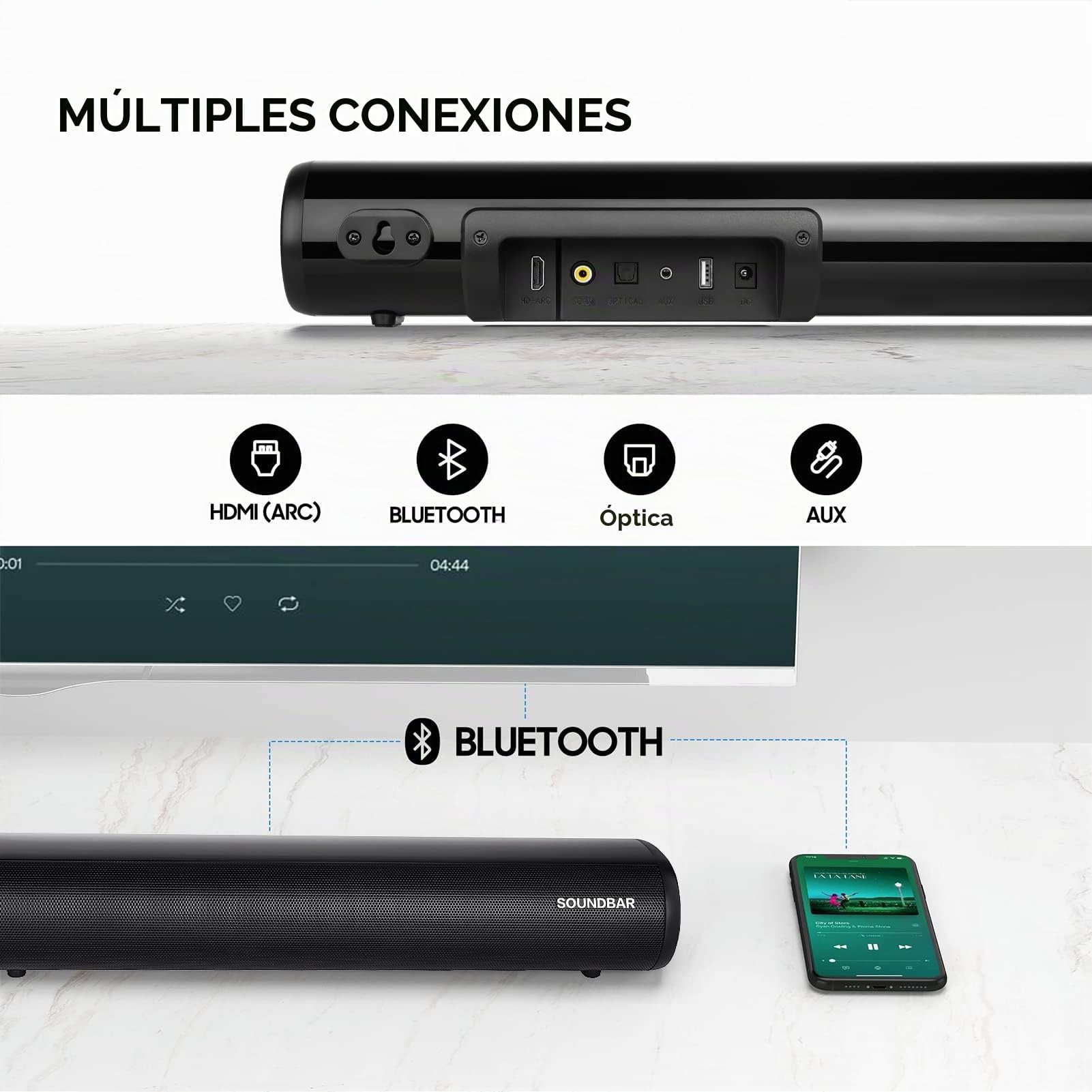 Barra de sonido con soporte para subwoofer inalámbrico, con entrada óptica + puertos AUX + USB + HDMI + RCA y kit de montaje en pared， tres modos de ecualizador apto para uso en ordenador/televisión.